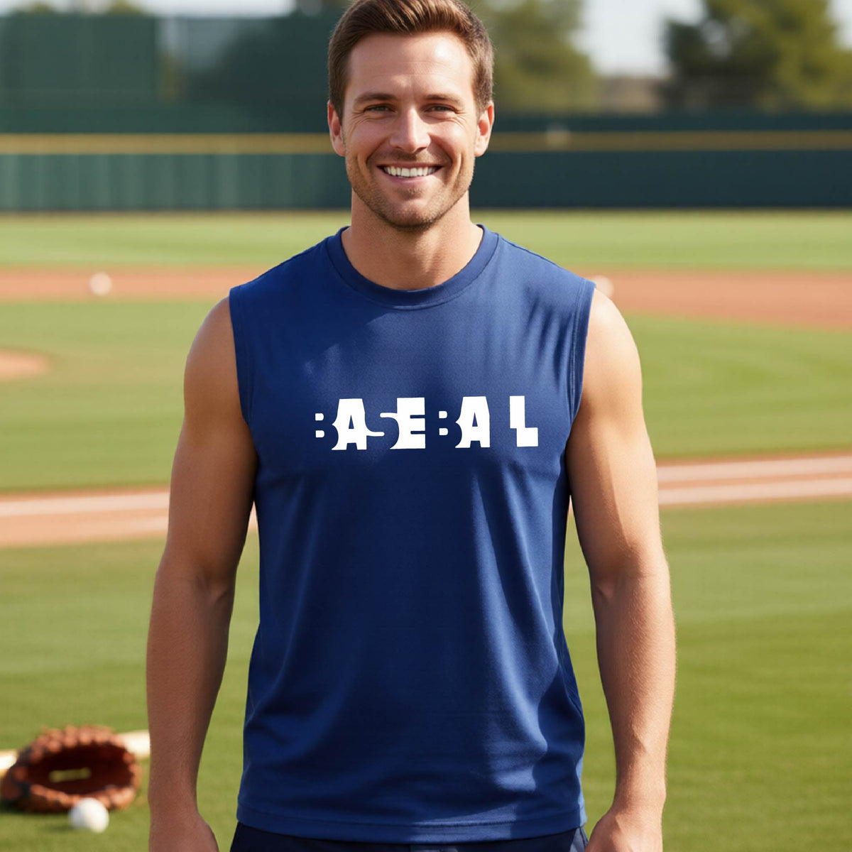 A smiling man wearing a blue sleeveless athletic shirt with the white text 'BASEBALL' in a cutout design printed across the chest, standing on a baseball field.