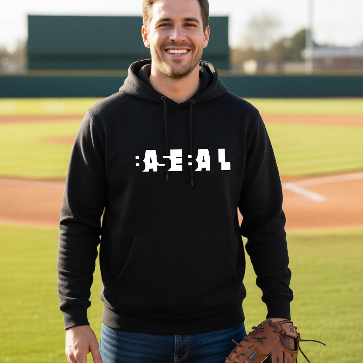 A smiling man wearing a black hoodie pullover with the white text 'BASEBALL' in a cutout design printed across the chest, standing on a baseball field.