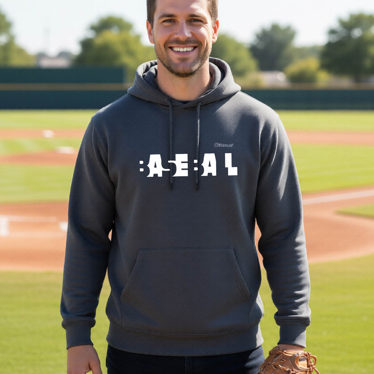 A smiling man wearing a dark gray hoodie pullover with the white text 'BASEBALL' in a cutout design printed across the chest, standing on a baseball field.