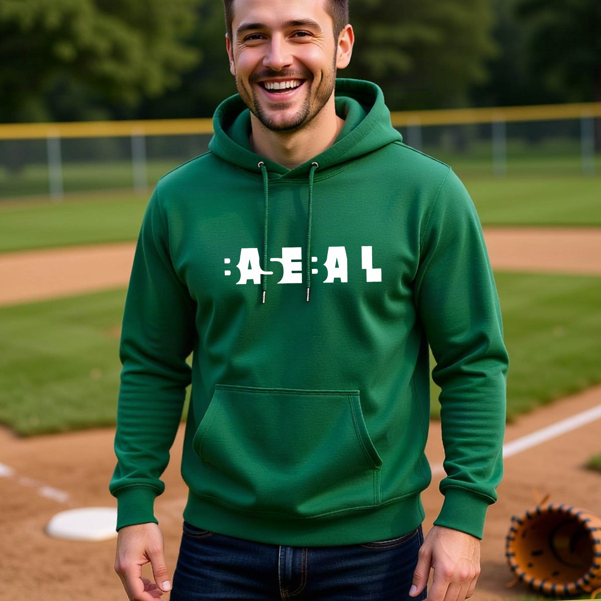 A smiling man wearing a green hoodie pullover with the white text 'BASEBALL' in a cutout design printed across the chest, standing on a baseball field.