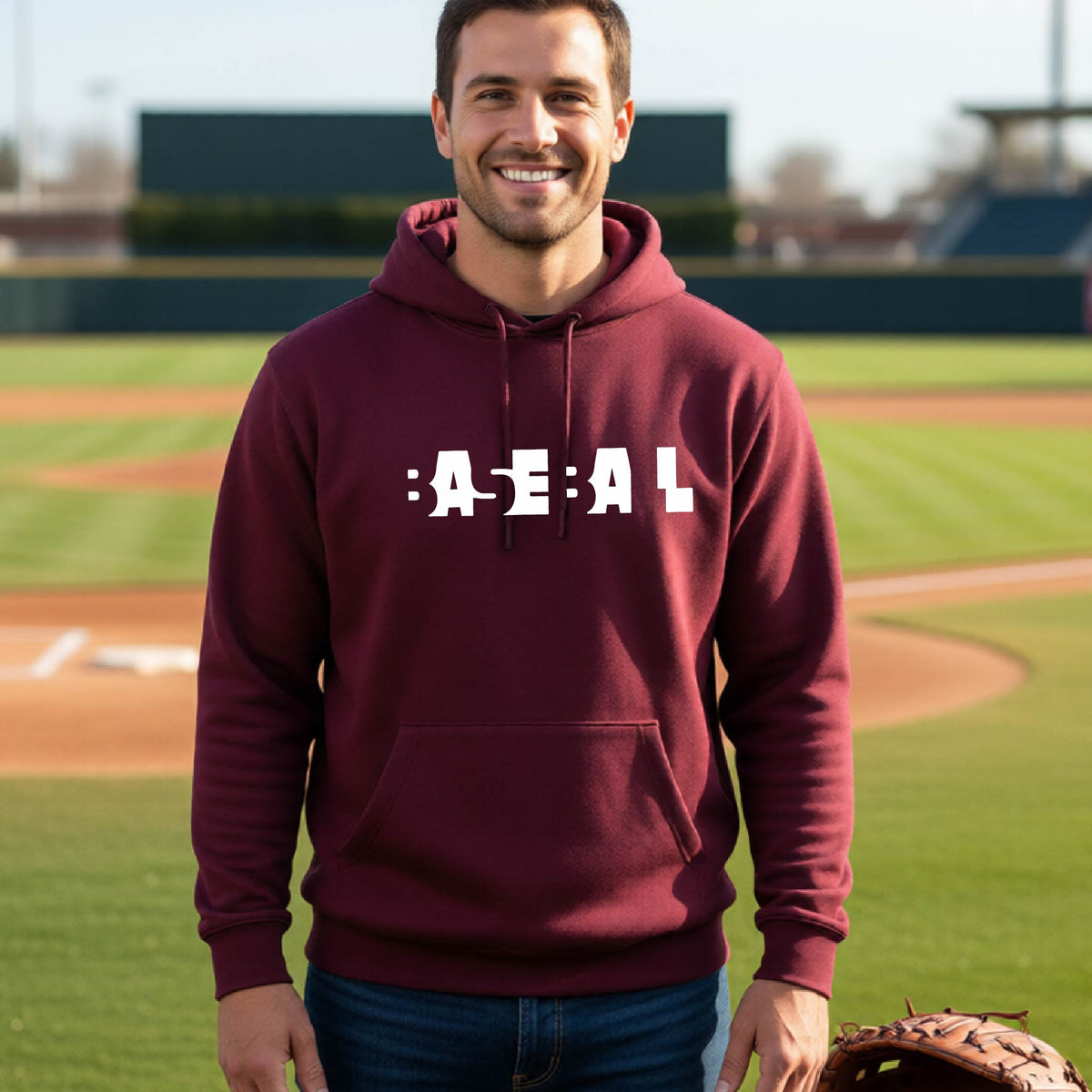 A smiling man wearing a maroon hoodie pullover with the white text 'BASEBALL' in a cutout design printed across the chest, standing on a baseball field.