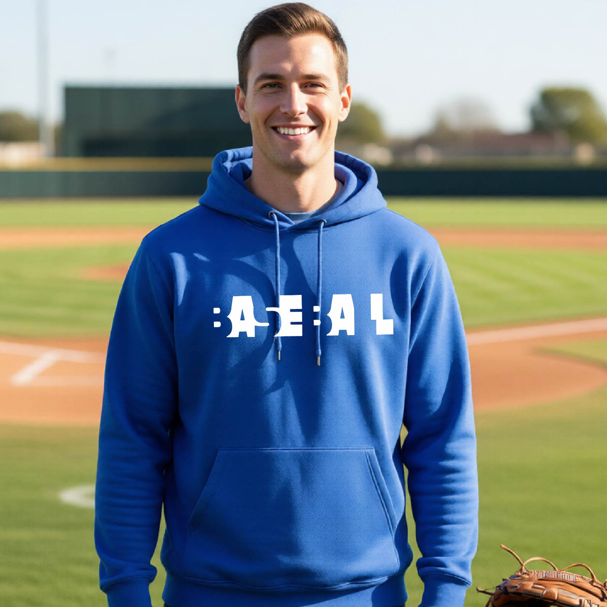 A smiling man wearing a royal blue hoodie pullover with the white text 'BASEBALL' in a cutout design printed across the chest, standing on a baseball field.