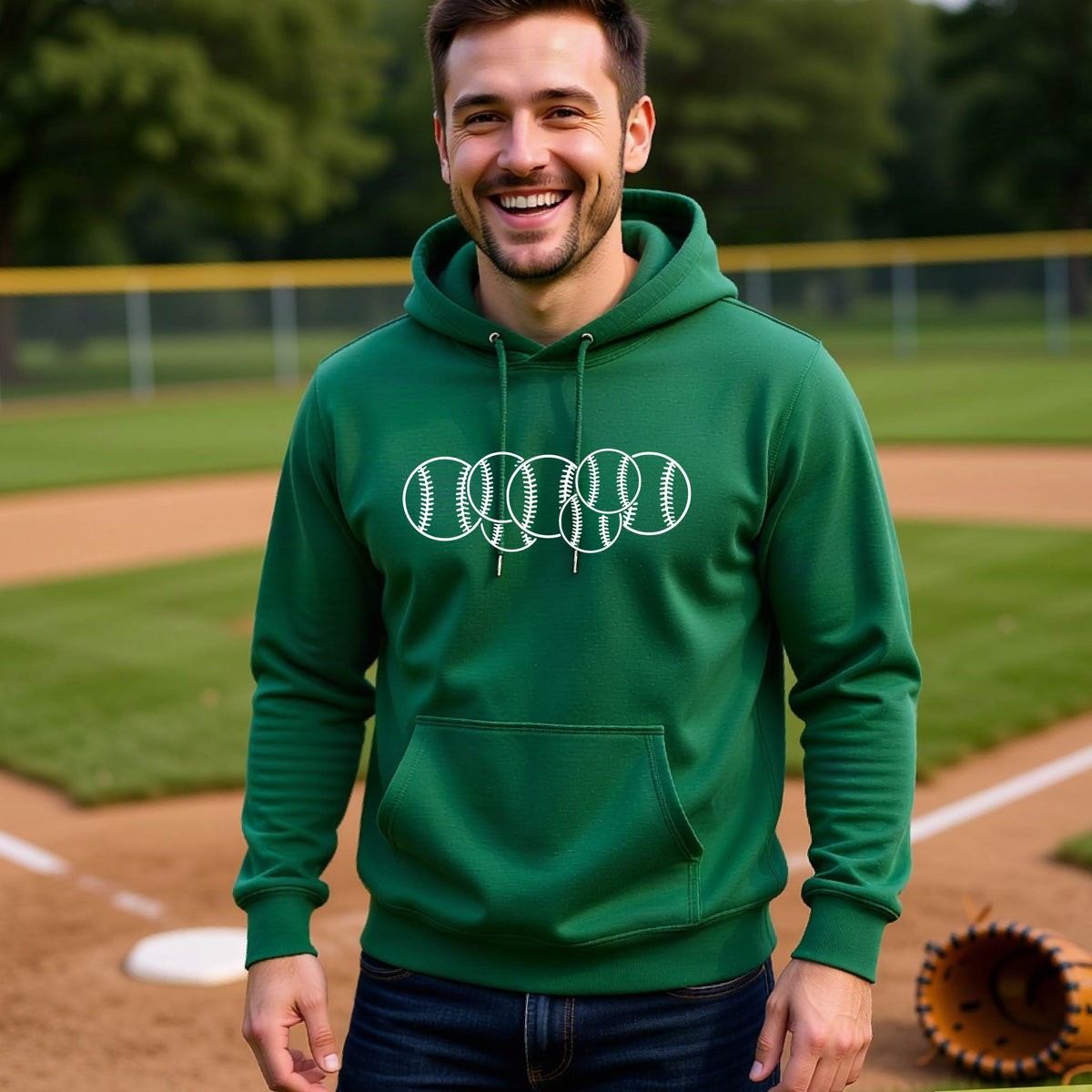 A man smiling in front of a baseball diamond wearing a green hoodie pullover, with a white graphic of 6 sketched baseballs overlapping, printed on the front of the shirt