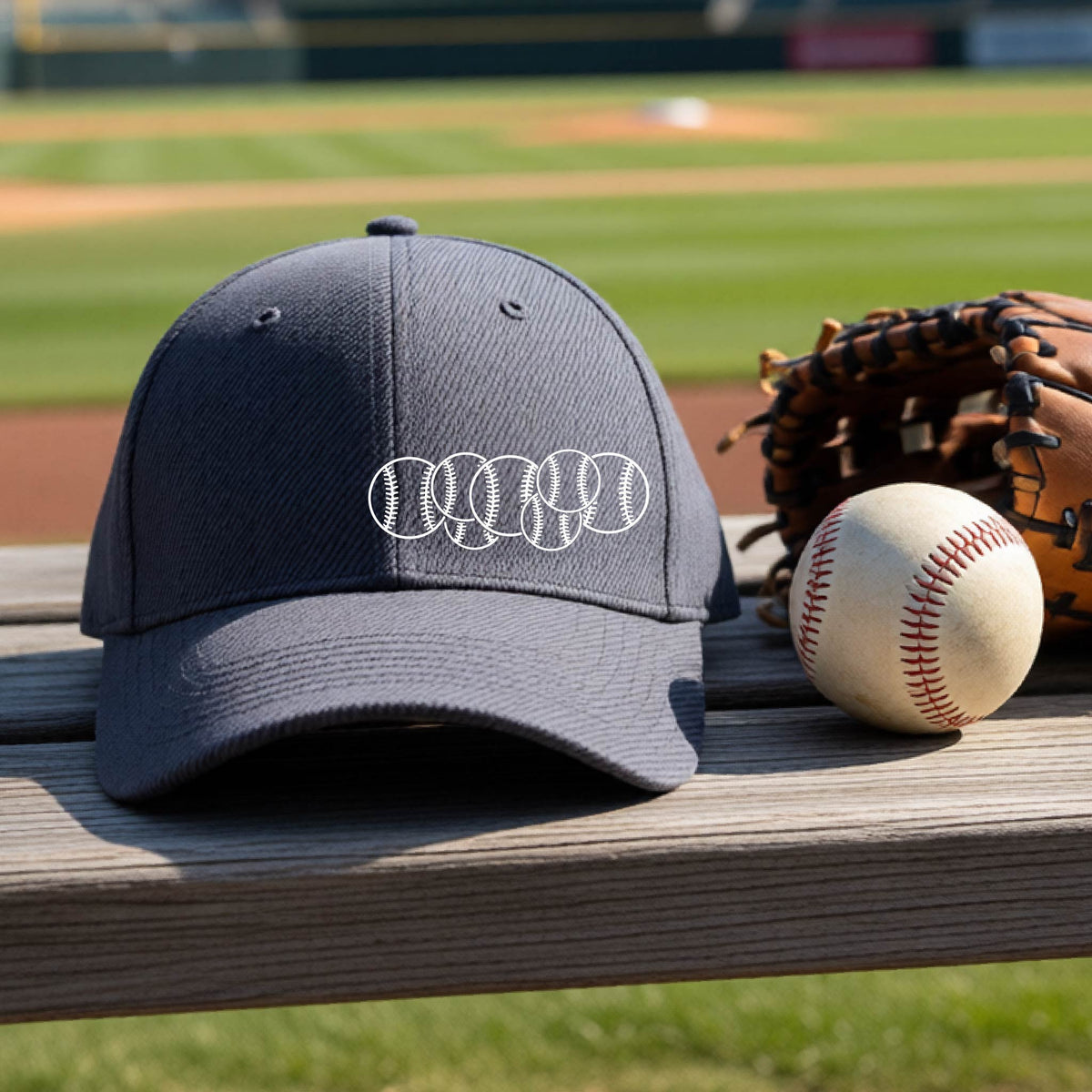 A closeup of a graphite gray baseball hat on an outdoor bench in front of a baseball diamond, with a white graphic of 6 sketched baseballs overlapping, printed on the front of the shirt