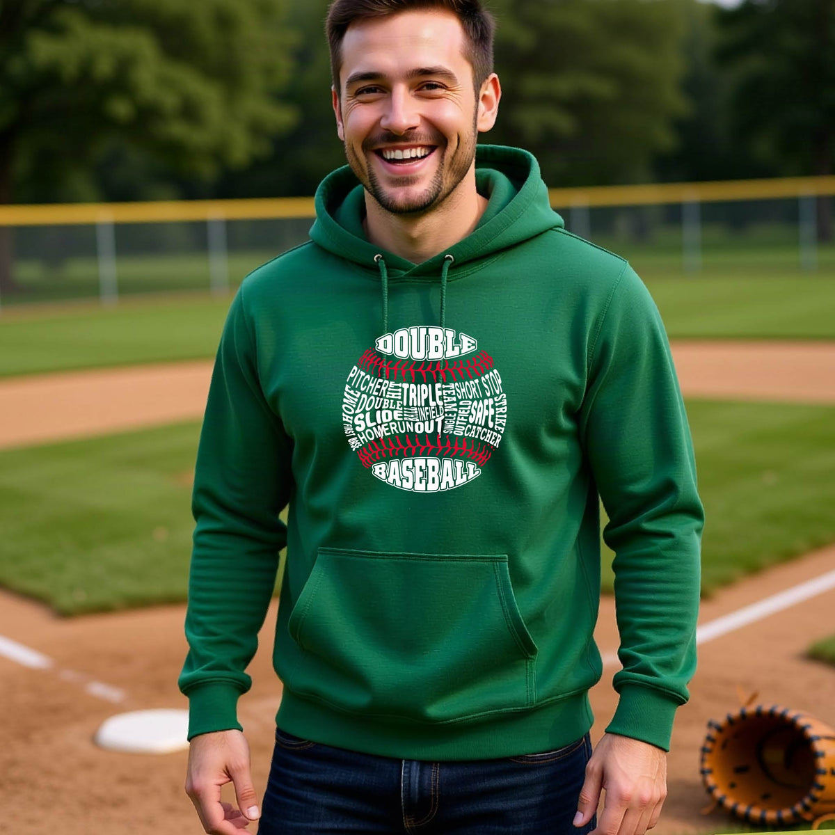A man smiling in front of a baseball diamond wearing a green pullover hoodie, with a white and red graphic of a baseball made up of baseball words, printed on the front of the shirt.