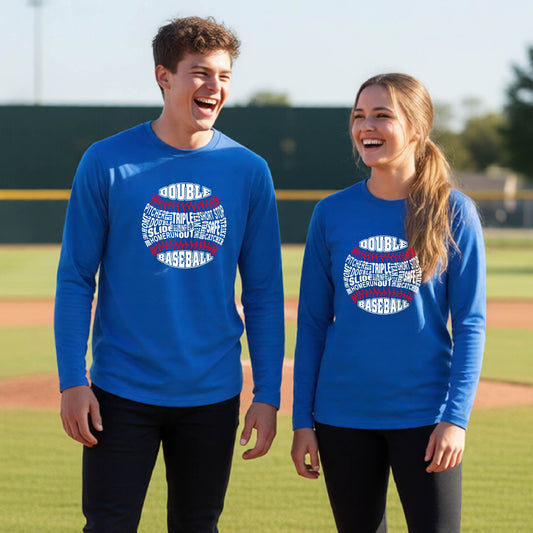 Two youth athletes wearing matching royal blue long-sleeve t-shirts, smiling in front of a baseball diamond, with a white and red graphic of a baseball made up of baseball words, printed on the front of the shirt.