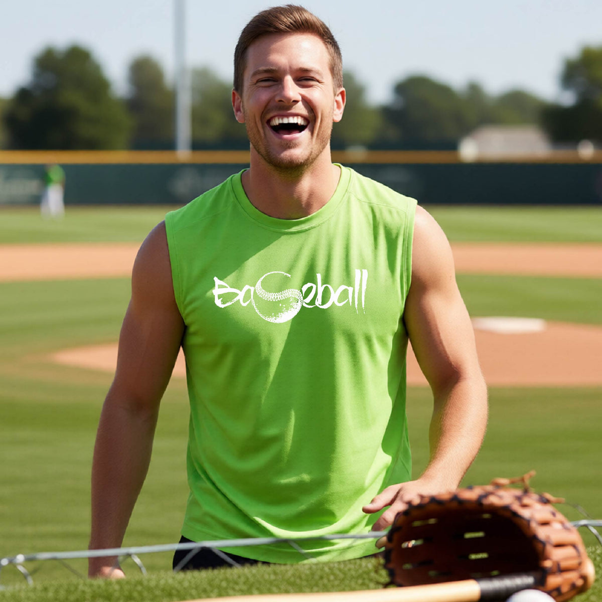A man smiling in front of a baseball diamond wearing a lime green sleeveless t-shirt, with an artistic white graphic of a sketch of the word BASEBALL” in a curved font with the S replaced by a baseball, printed on the front of the shirt.