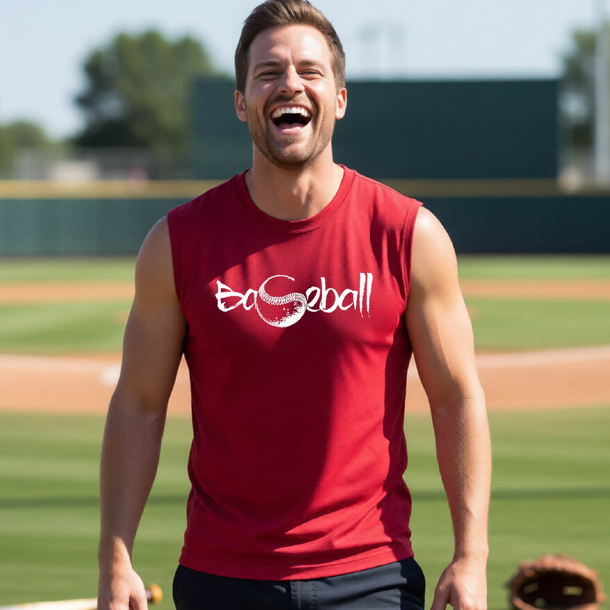 A man smiling in front of a baseball diamond wearing a red sleeveless t-shirt, with an artistic white graphic of a sketch of the word BASEBALL” in a curved font with the S replaced by a baseball, printed on the front of the shirt.