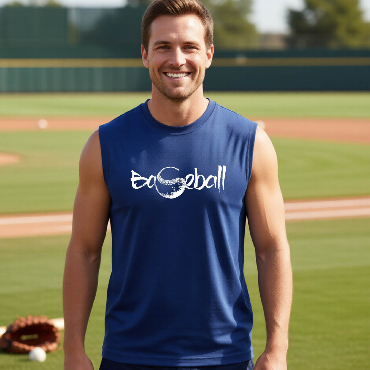A man smiling in front of a baseball diamond wearing a royal blue sleeveless t-shirt, with an artistic white graphic of a sketch of the word BASEBALL” in a curved font with the S replaced by a baseball, printed on the front of the shirt.