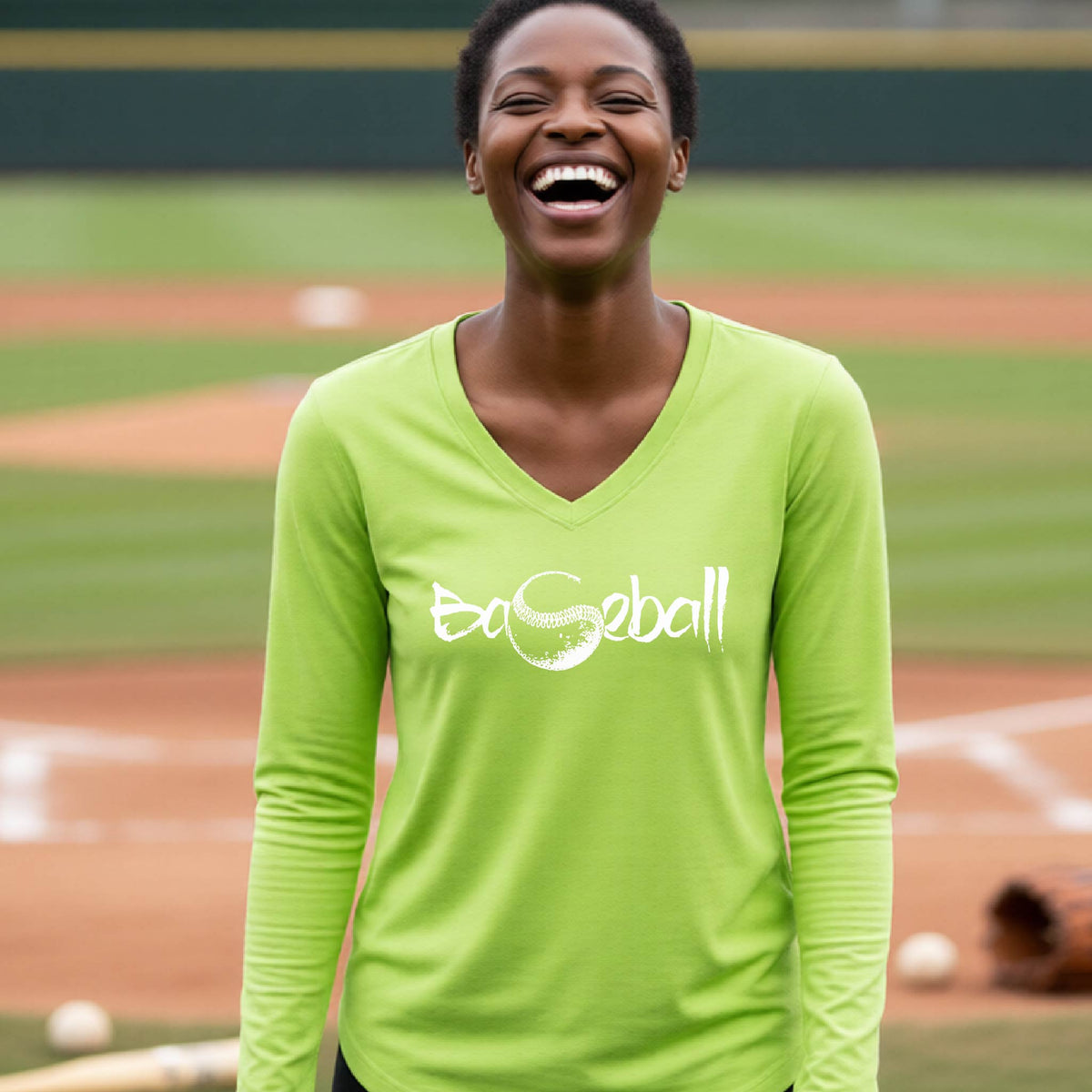 A woman smiling in front of a baseball diamond wearing a lime green long-sleeve t-shirt, with an artistic white graphic of a sketch of the word BASEBALL” in a curved font with the S replaced by a baseball, printed on the front of the shirt.