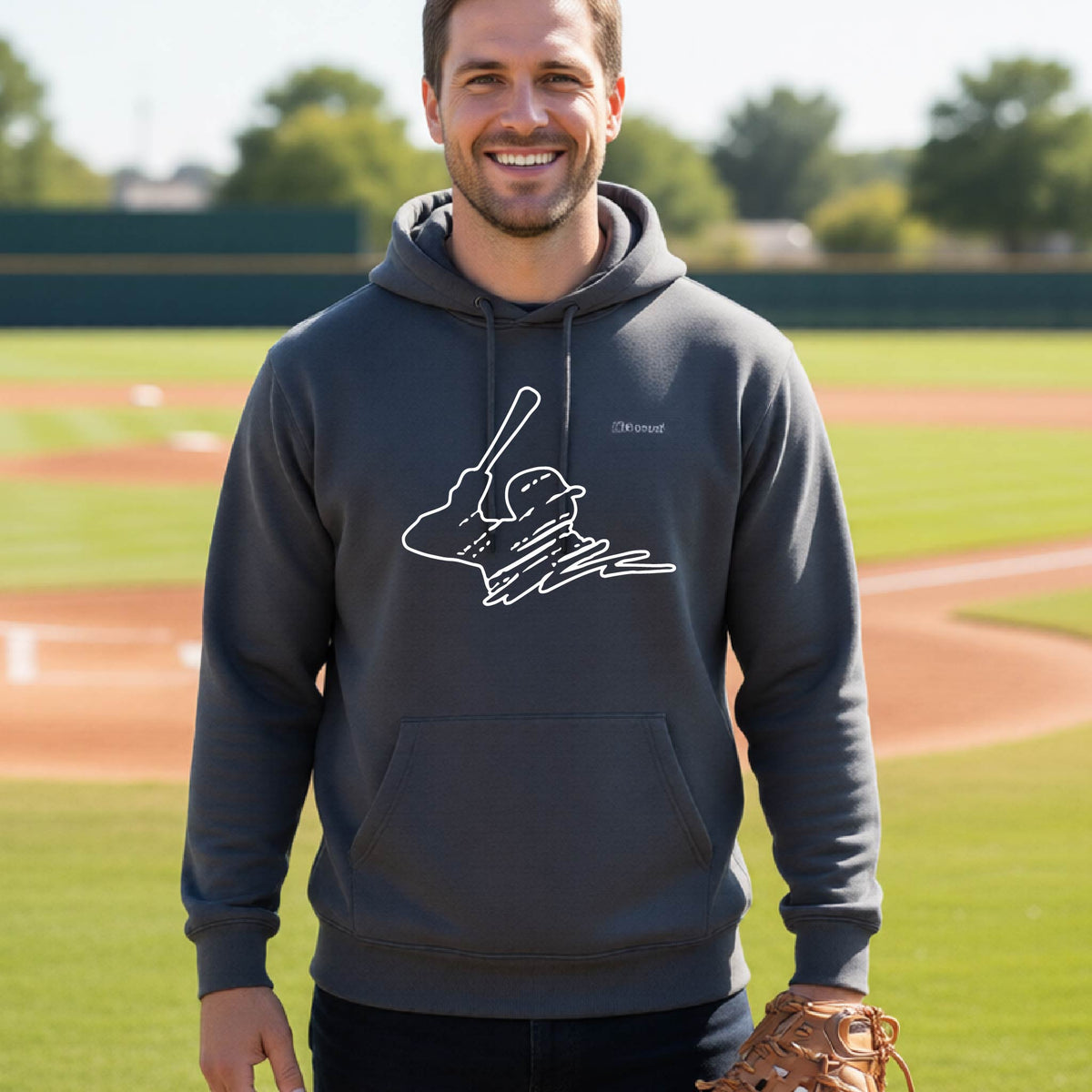 A man smiling in front of a baseball diamond wearing a dark gray hoodie pullover, with a white graphic of an outline of a baseball player up to bat, printed on the front.