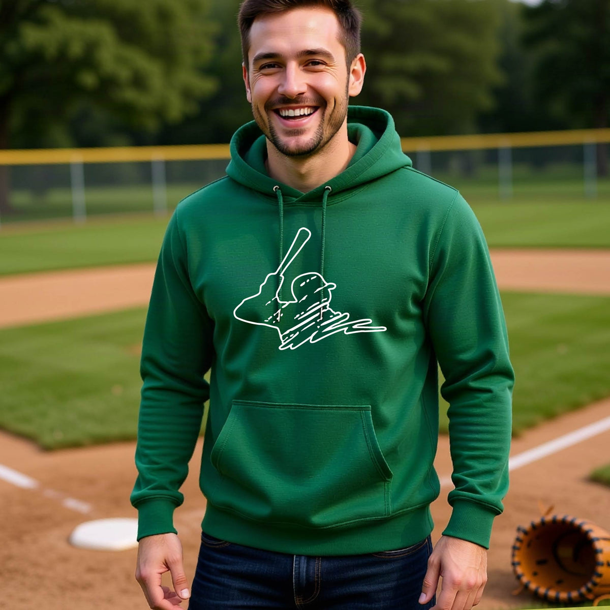 A man smiling in front of a baseball diamond wearing a green hoodie pullover, with a white graphic of an outline of a baseball player up to bat, printed on the front.
