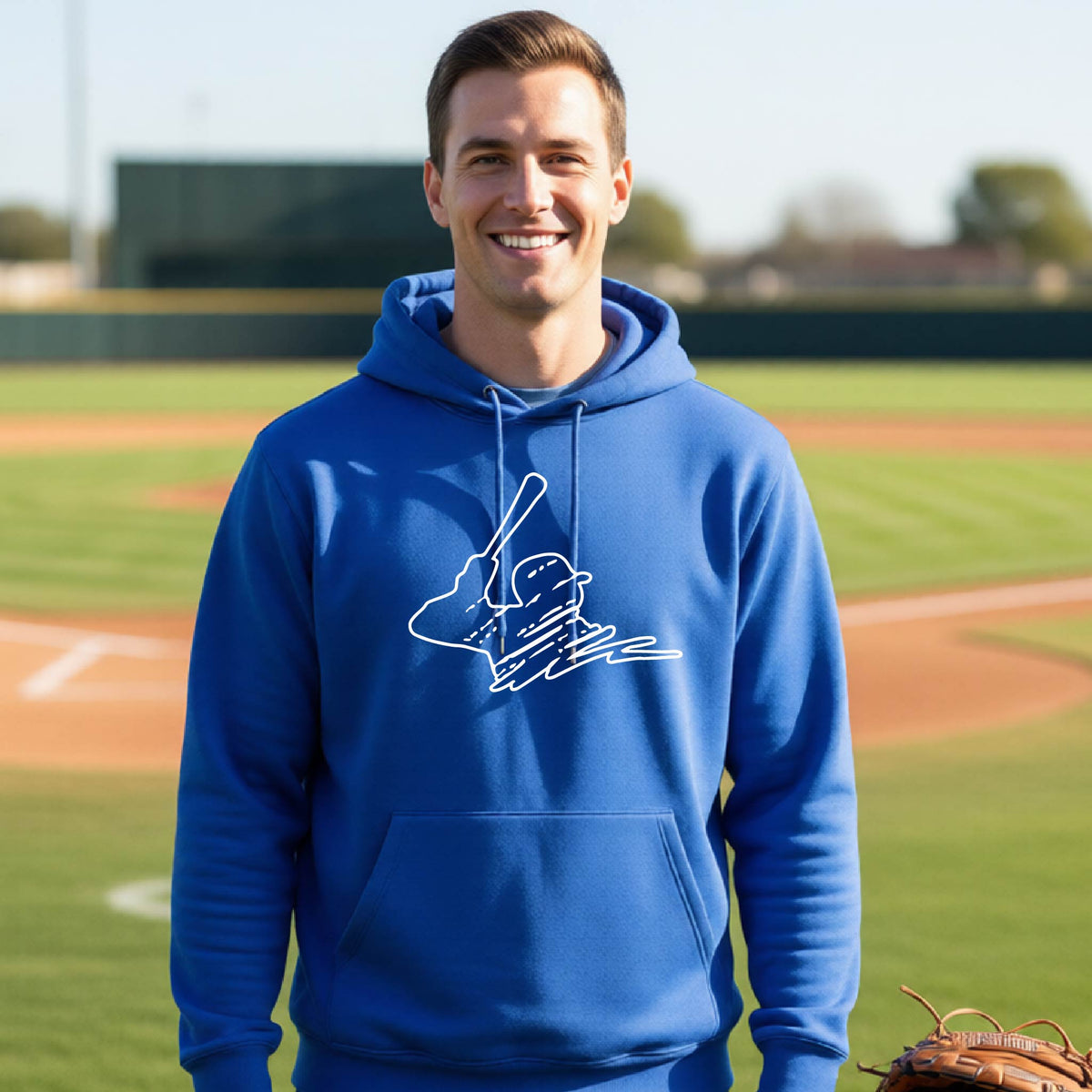 A man smiling in front of a baseball diamond wearing a royal blue hoodie pullover, with a white graphic of an outline of a baseball player up to bat, printed on the front.