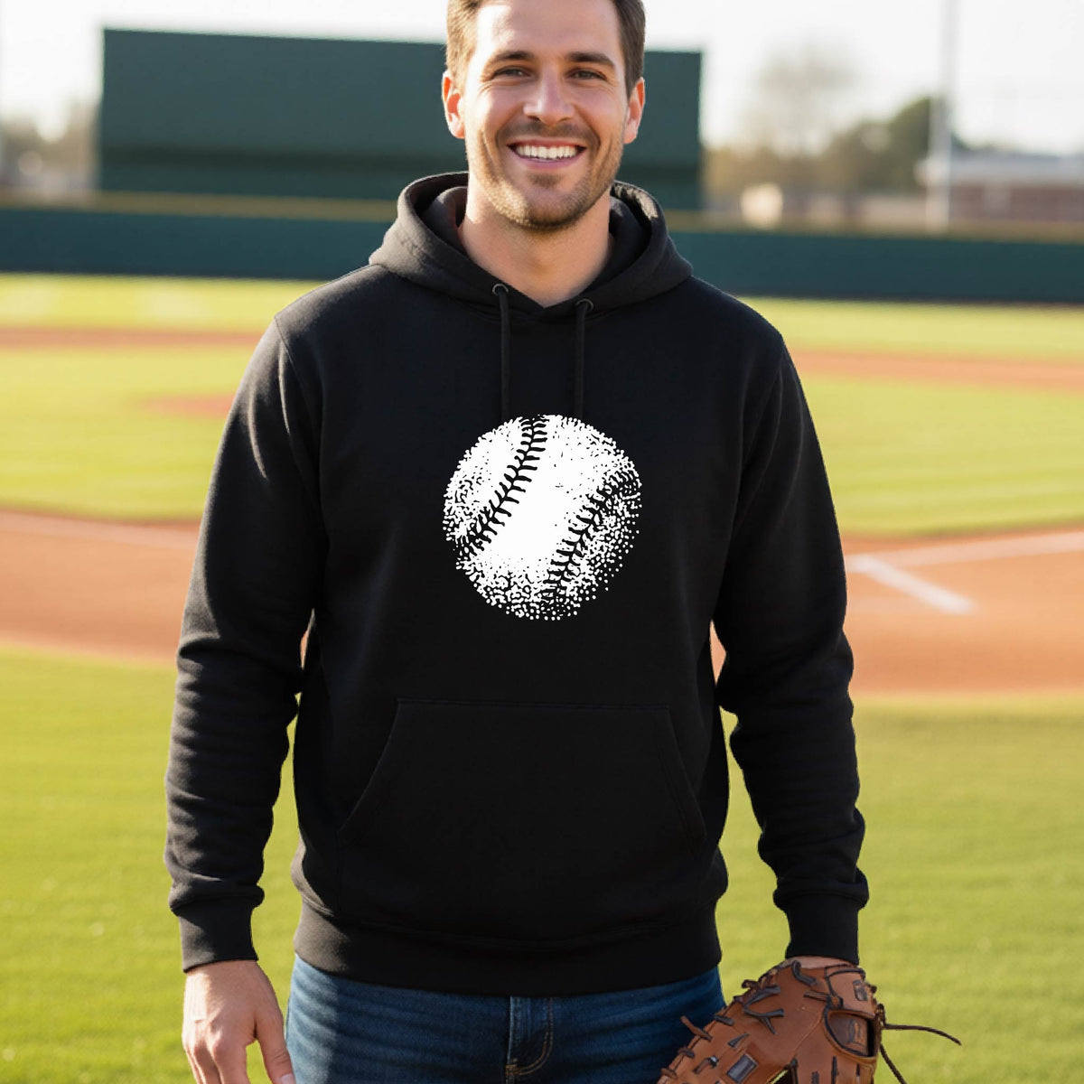 A man smiling in front of a baseball diamond wearing a black pullover hoodie, with an artistic white graphic of a retro looking baseball, printed on the front of the shirt.