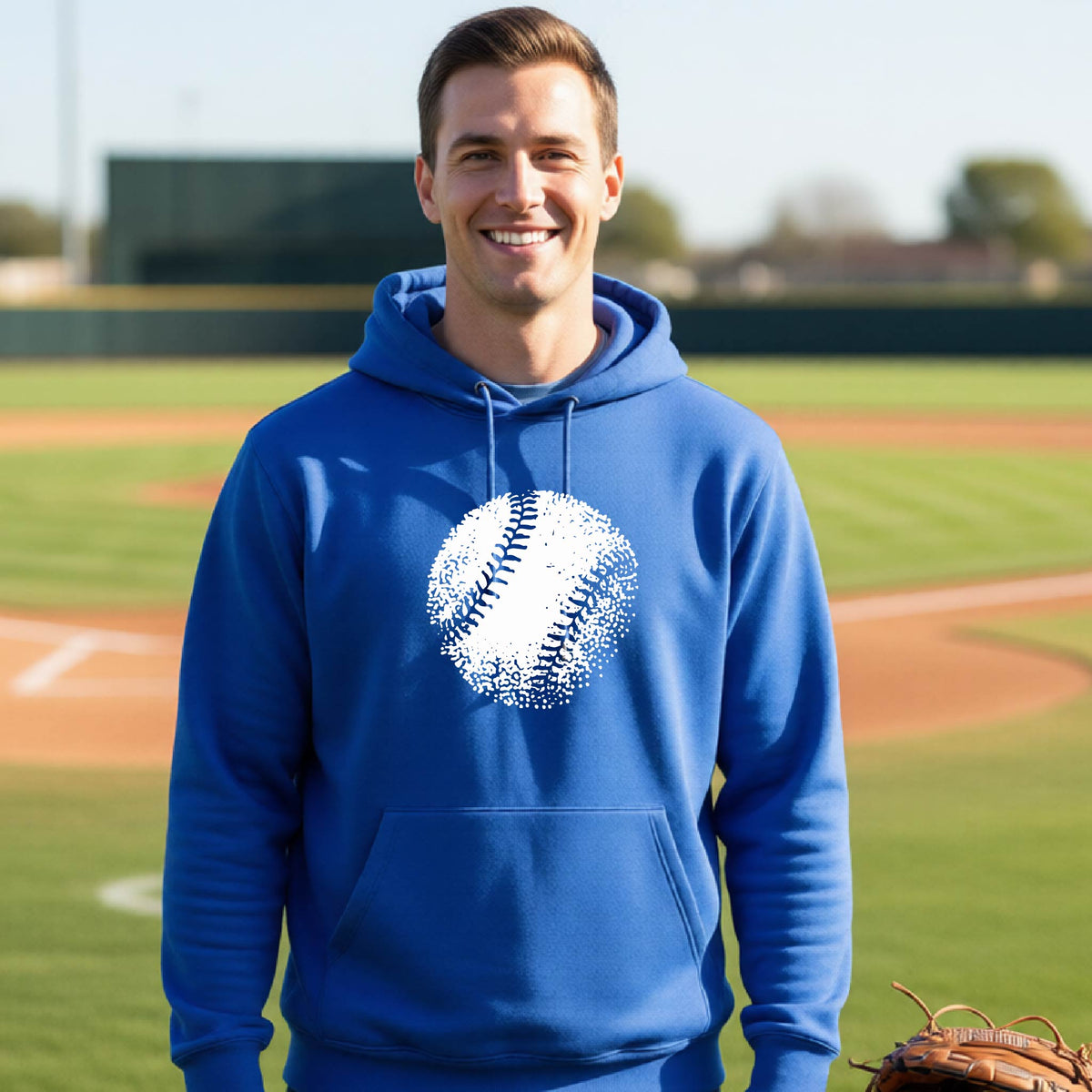 A man smiling in front of a baseball diamond wearing a royal blue pullover hoodie, with an artistic white graphic of a retro looking baseball, printed on the front of the shirt.