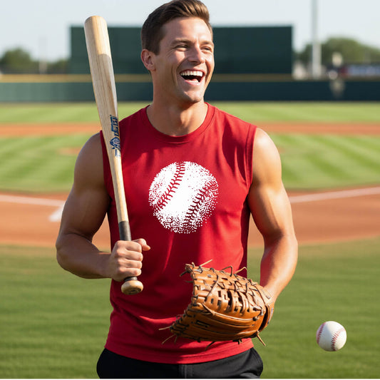 A man smiling in front of a baseball diamond wearing a red sleeveless t-shirt, with an artistic white graphic of a retro looking baseball, printed on the front of the shirt.