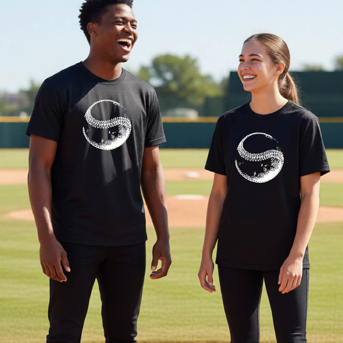 Two youth athletes wearing matching shirts, smiling in front of a baseball diamond wearing black short-sleeve t-shirts, with a white artistic graphic of a baseball, printed on the front.