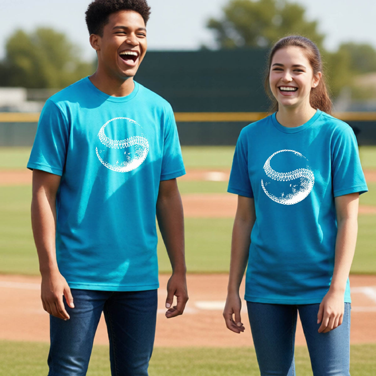 Two youth athletes wearing matching shirts, smiling in front of a baseball diamond wearing bright blue short-sleeve t-shirts, with a white artistic graphic of a baseball, printed on the front.