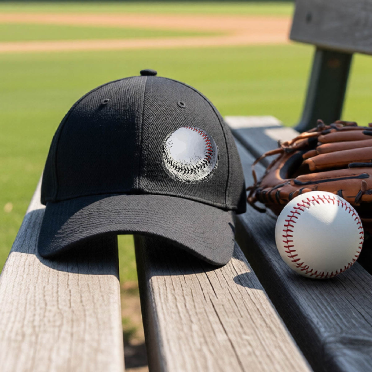 A closeup of a black athletic hat on an outdoor bench in front of a baseball field, with a white and red graphic of an outline of a sketched retro baseball, printed on the front.