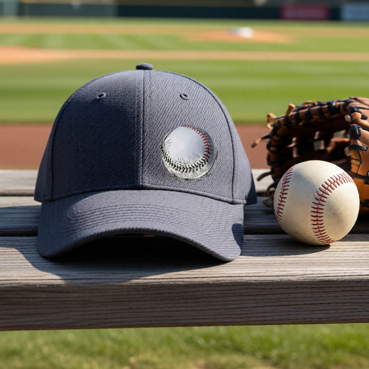 A closeup of a graphite gray athletic hat on an outdoor bench in front of a baseball field, with a white and red graphic of an outline of a sketched retro baseball, printed on the front.