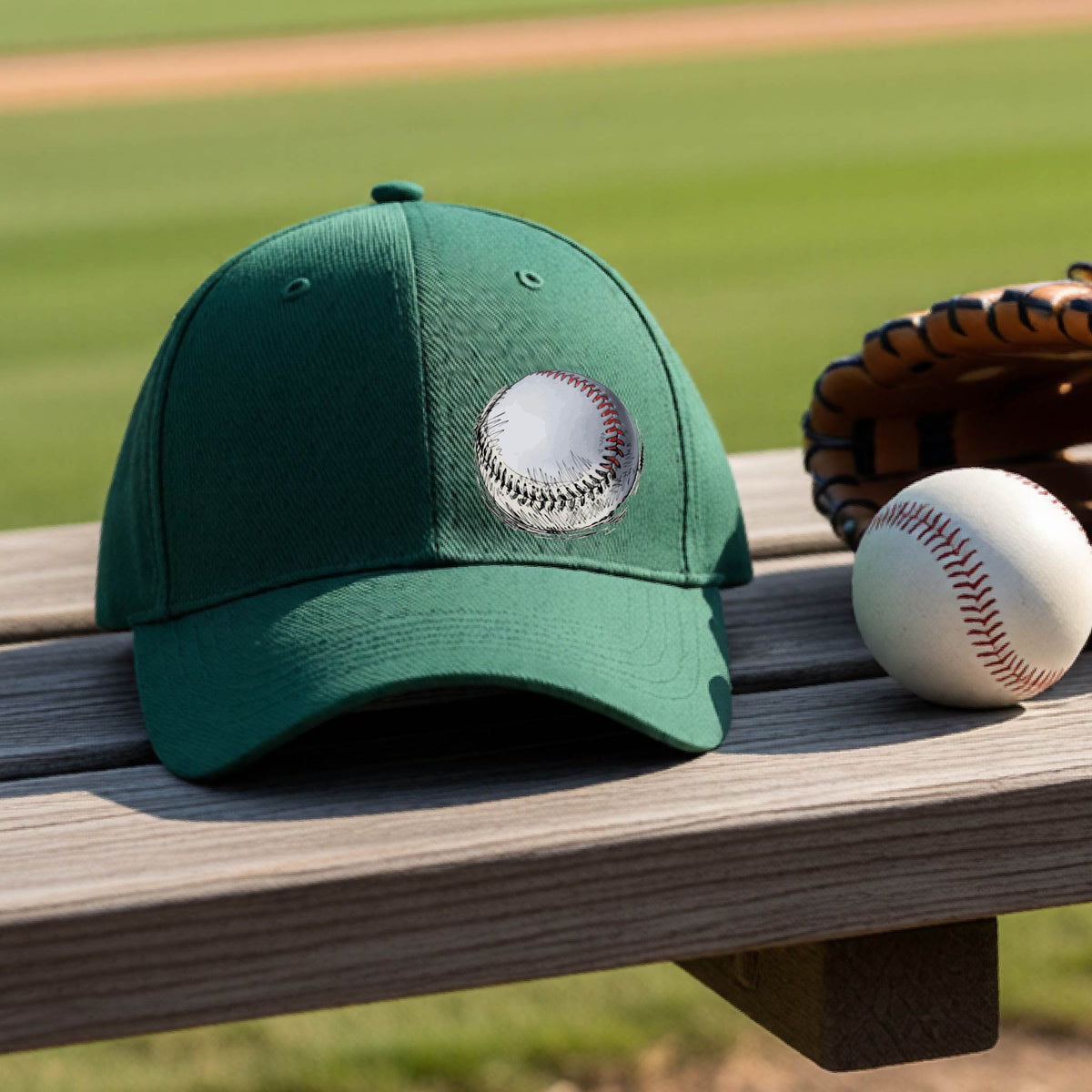 A closeup of a green athletic hat on an outdoor bench in front of a baseball field, with a white and red graphic of an outline of a sketched retro baseball, printed on the front.