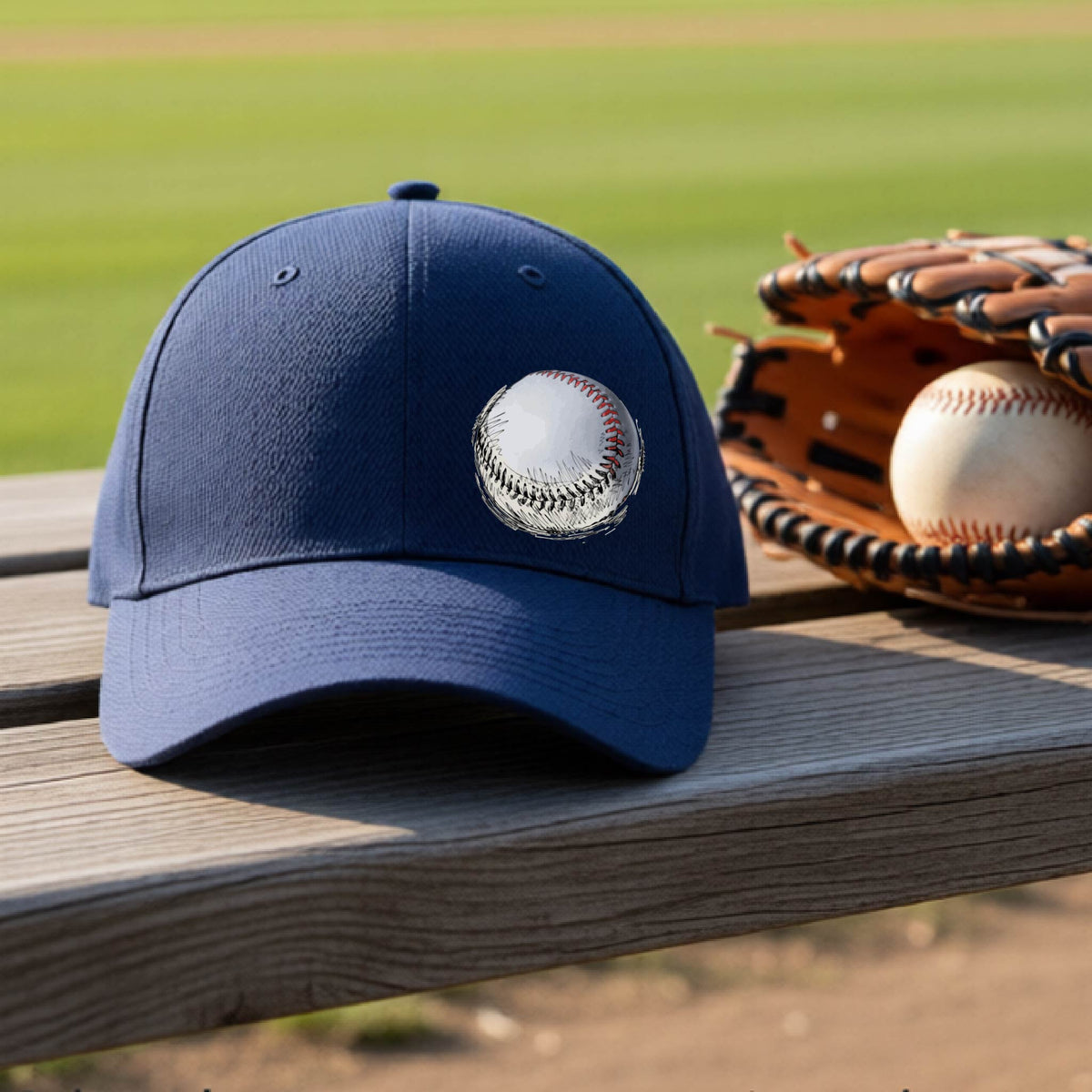 A closeup of a navy blue athletic hat on an outdoor bench in front of a baseball field, with a white and red graphic of an outline of a sketched retro baseball, printed on the front.