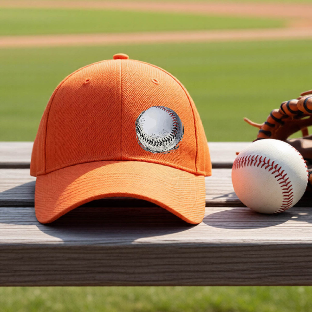 A closeup of an orange athletic hat on an outdoor bench in front of a baseball field, with a white and red graphic of an outline of a sketched retro baseball, printed on the front.