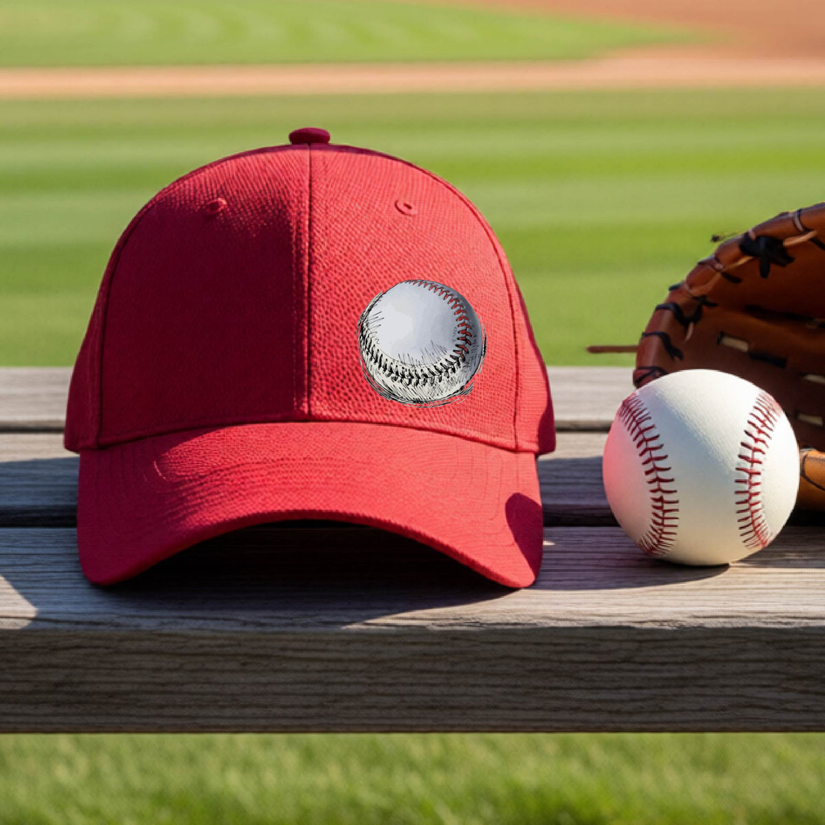 A closeup of a red athletic hat on an outdoor bench in front of a baseball field, with a white and red graphic of an outline of a sketched retro baseball, printed on the front.