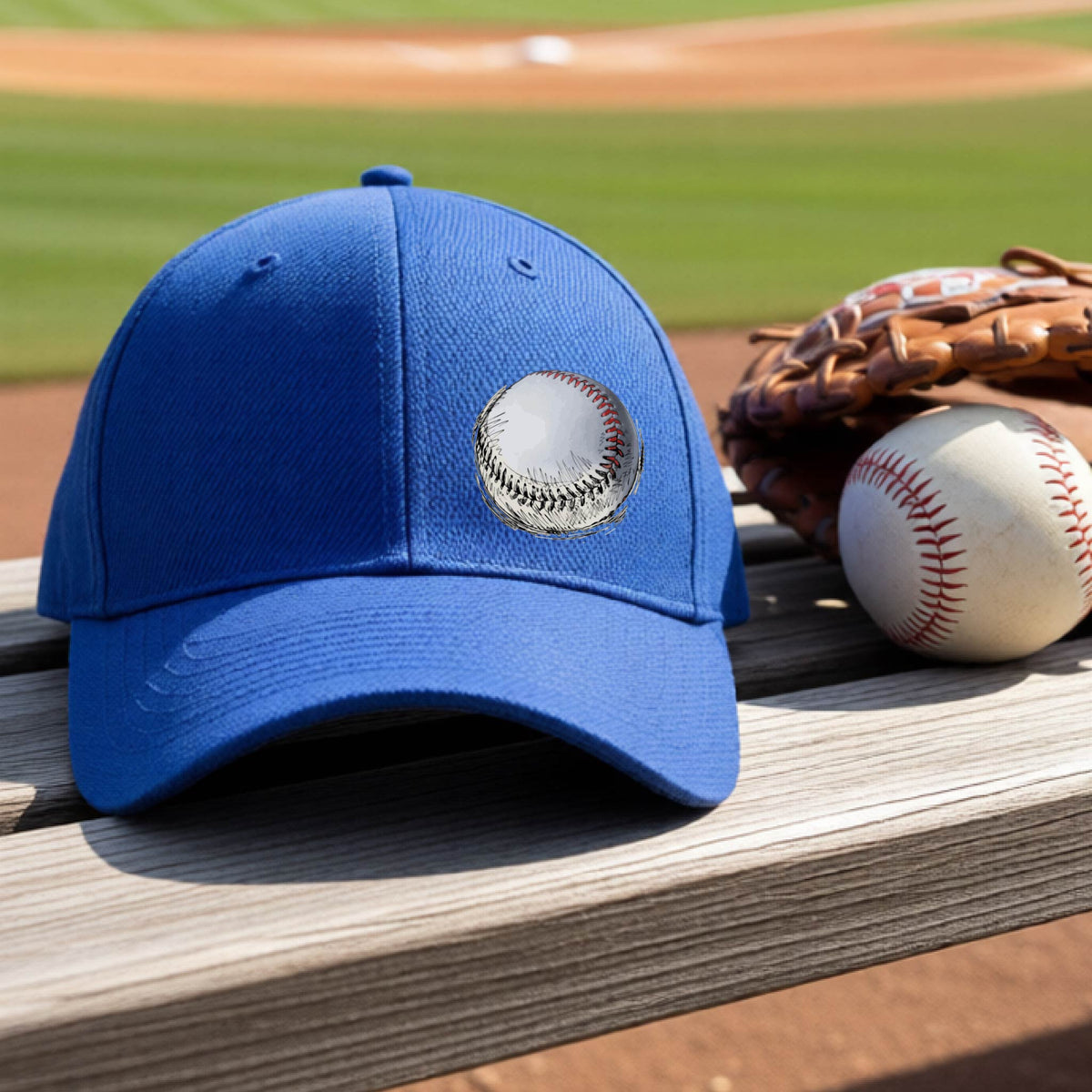 A closeup of a royal blue athletic hat on an outdoor bench in front of a baseball field, with a white and red graphic of an outline of a sketched retro baseball, printed on the front.