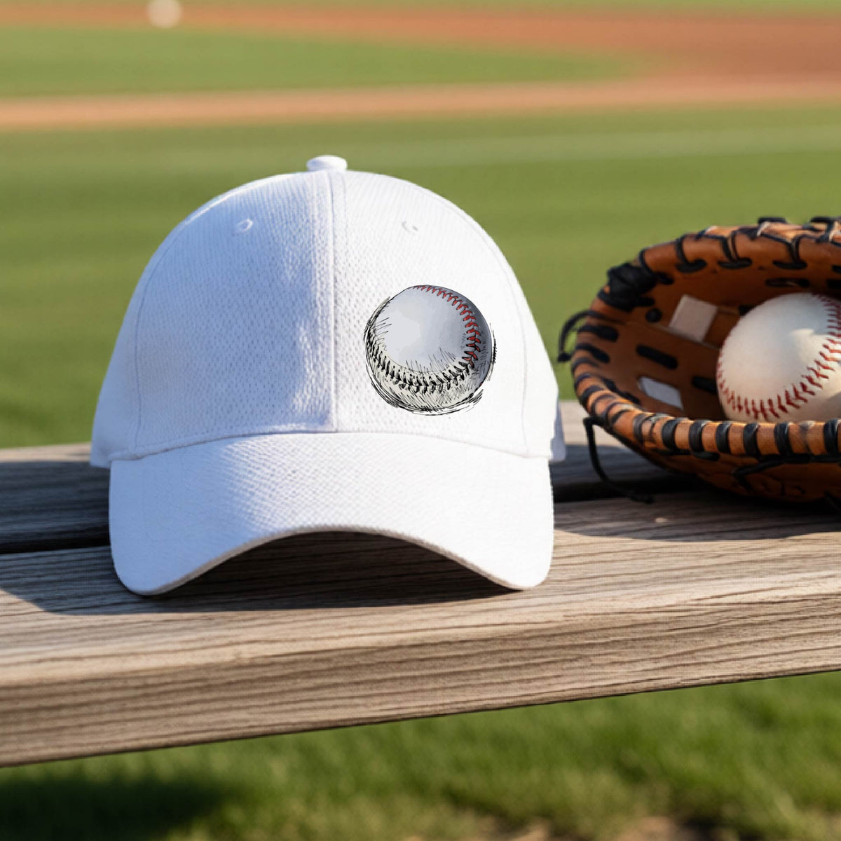 A closeup of a white athletic hat on an outdoor bench in front of a baseball field, with a white and red graphic of an outline of a sketched retro baseball, printed on the front.