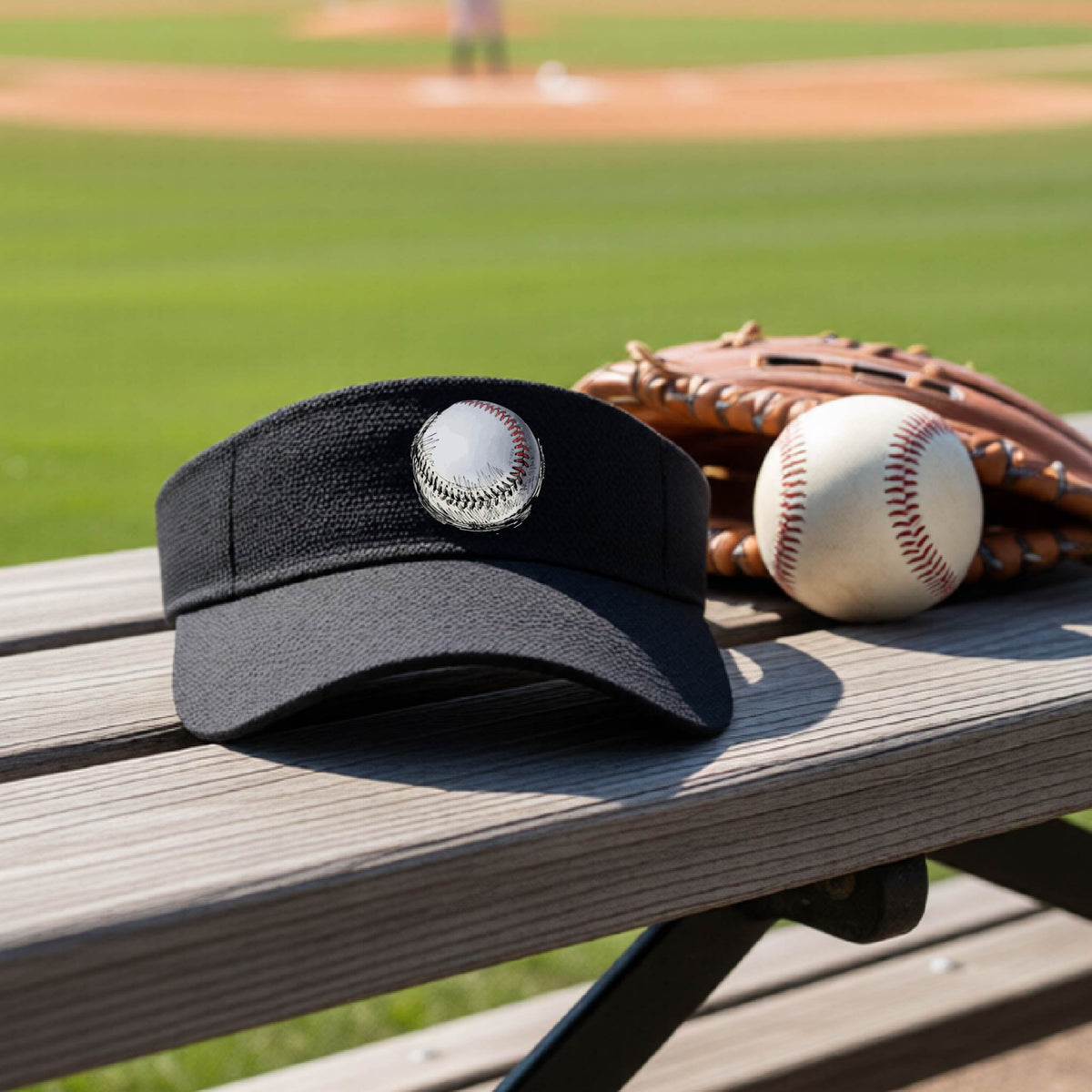 A closeup of a black athletic visor on an outdoor bench in front of a baseball field, with a white and red graphic of an outline of a sketched retro baseball, printed on the front.