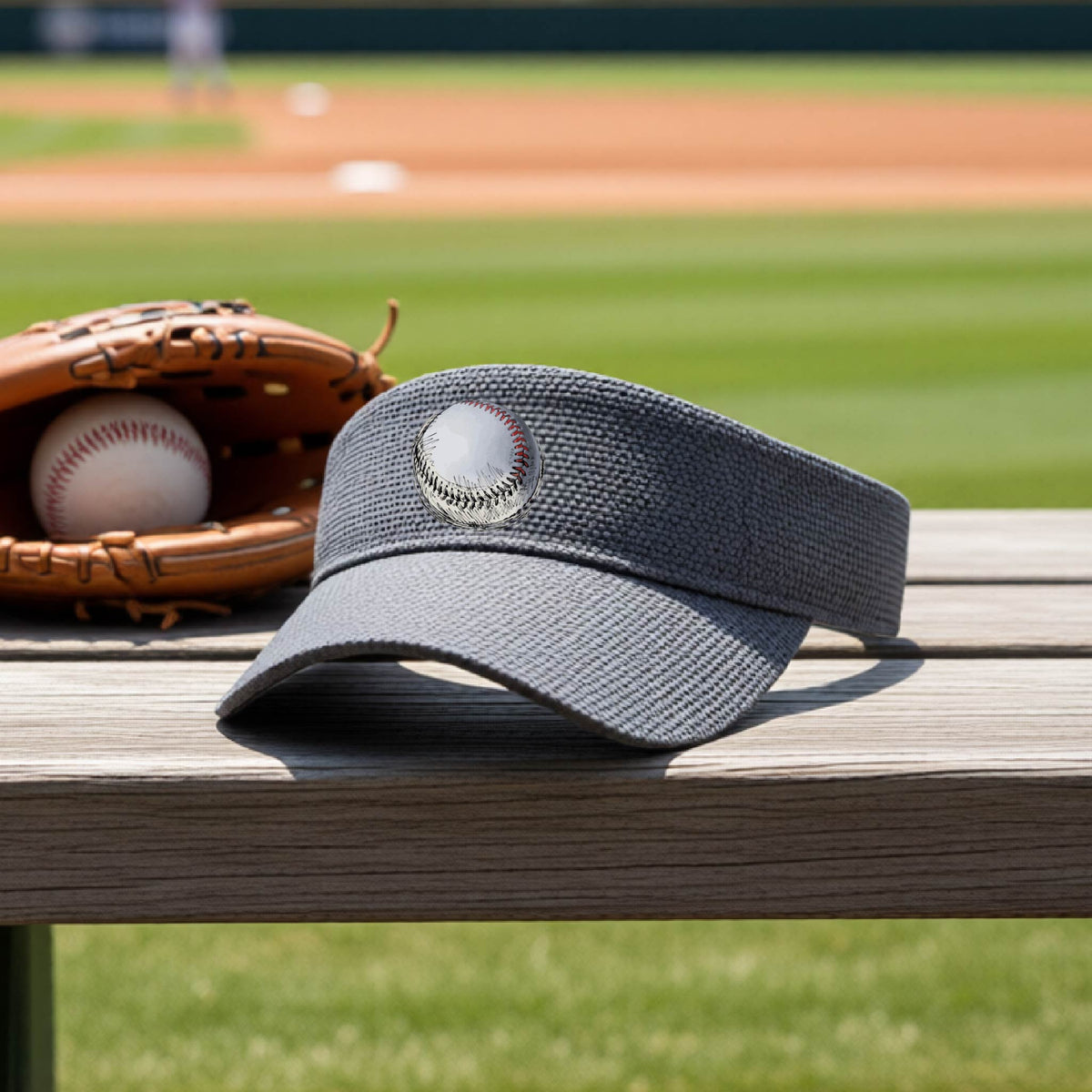 A closeup of a graphite gray athletic visor on an outdoor bench in front of a baseball field, with a white and red graphic of an outline of a sketched retro baseball, printed on the front.