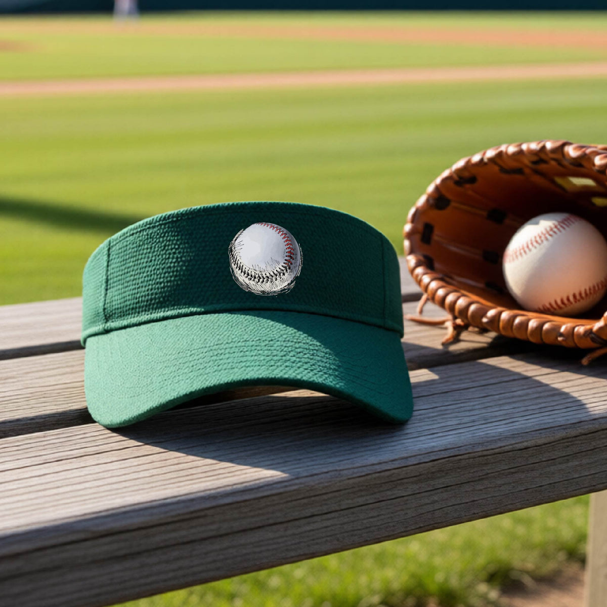 A closeup of a green athletic visor on an outdoor bench in front of a baseball field, with a white and red graphic of an outline of a sketched retro baseball, printed on the front.