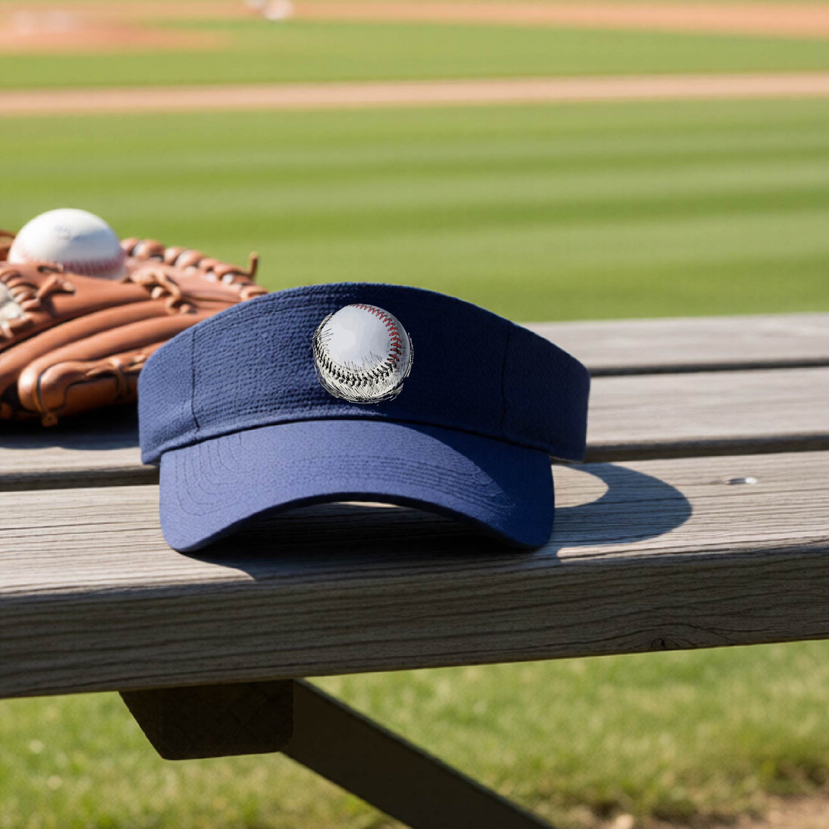 A closeup of a navy blue athletic visor on an outdoor bench in front of a baseball field, with a white and red graphic of an outline of a sketched retro baseball, printed on the front.