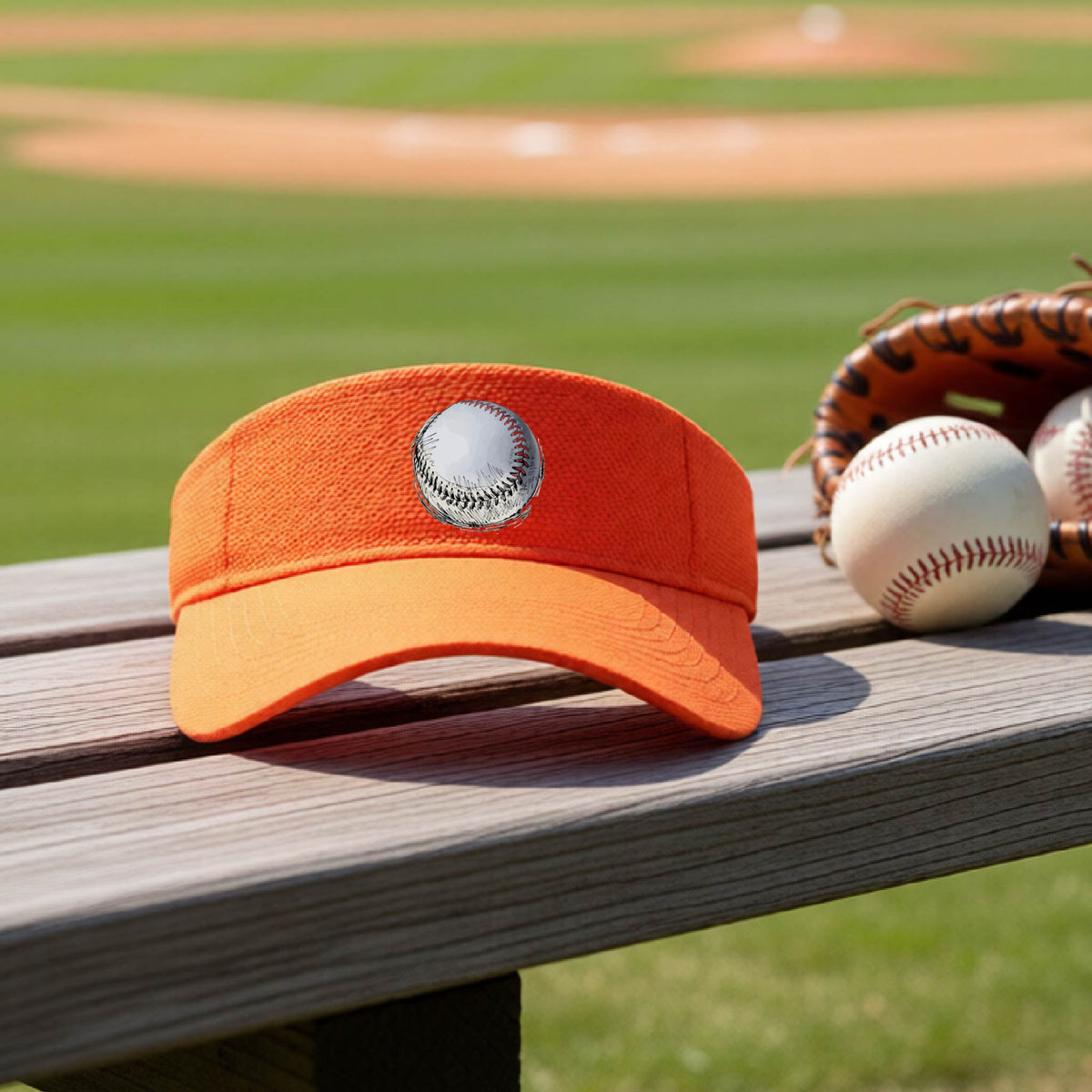 A closeup of an orange athletic visor on an outdoor bench in front of a baseball field, with a white and red graphic of an outline of a sketched retro baseball, printed on the front.