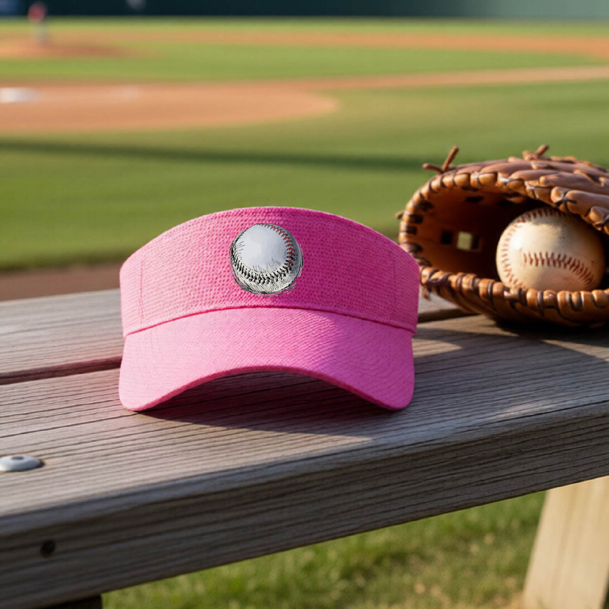 A closeup of a pink athletic visor on an outdoor bench in front of a baseball field, with a white and red graphic of an outline of a sketched retro baseball, printed on the front.