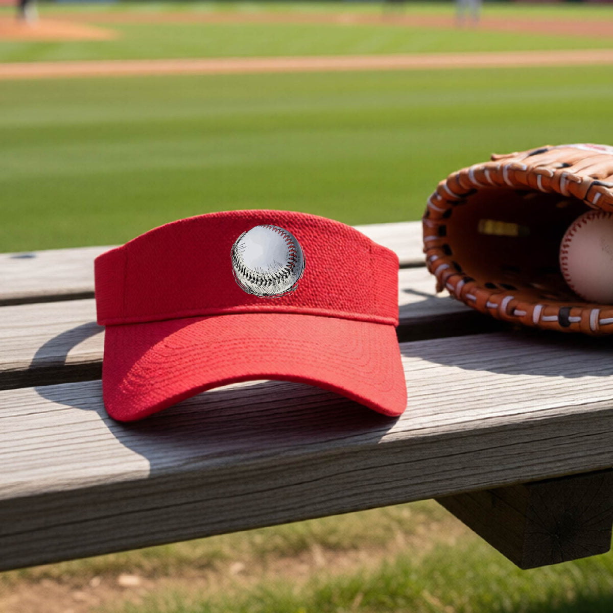 A closeup of a red athletic visor on an outdoor bench in front of a baseball field, with a white and red graphic of an outline of a sketched retro baseball, printed on the front.