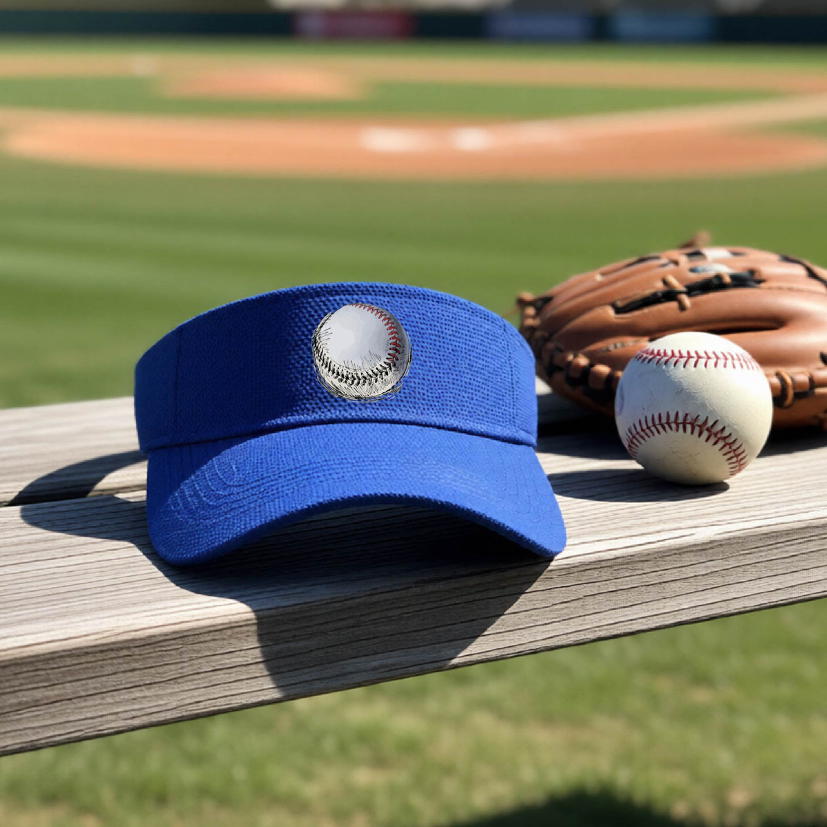 A closeup of a royal blue athletic visor on an outdoor bench in front of a baseball field, with a white and red graphic of an outline of a sketched retro baseball, printed on the front.