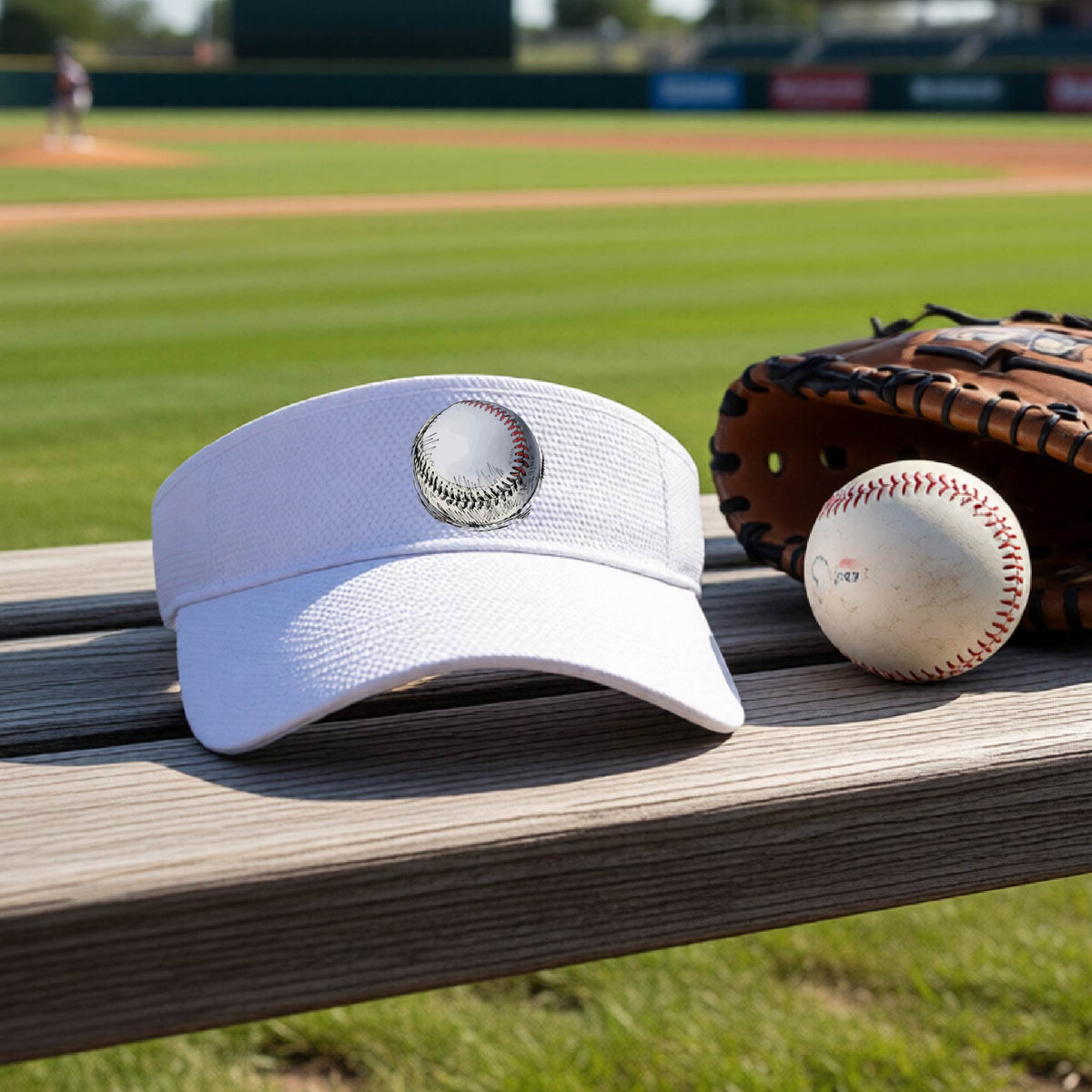 A closeup of a white athletic visor on an outdoor bench in front of a baseball field, with a white and red graphic of an outline of a sketched retro baseball, printed on the front.