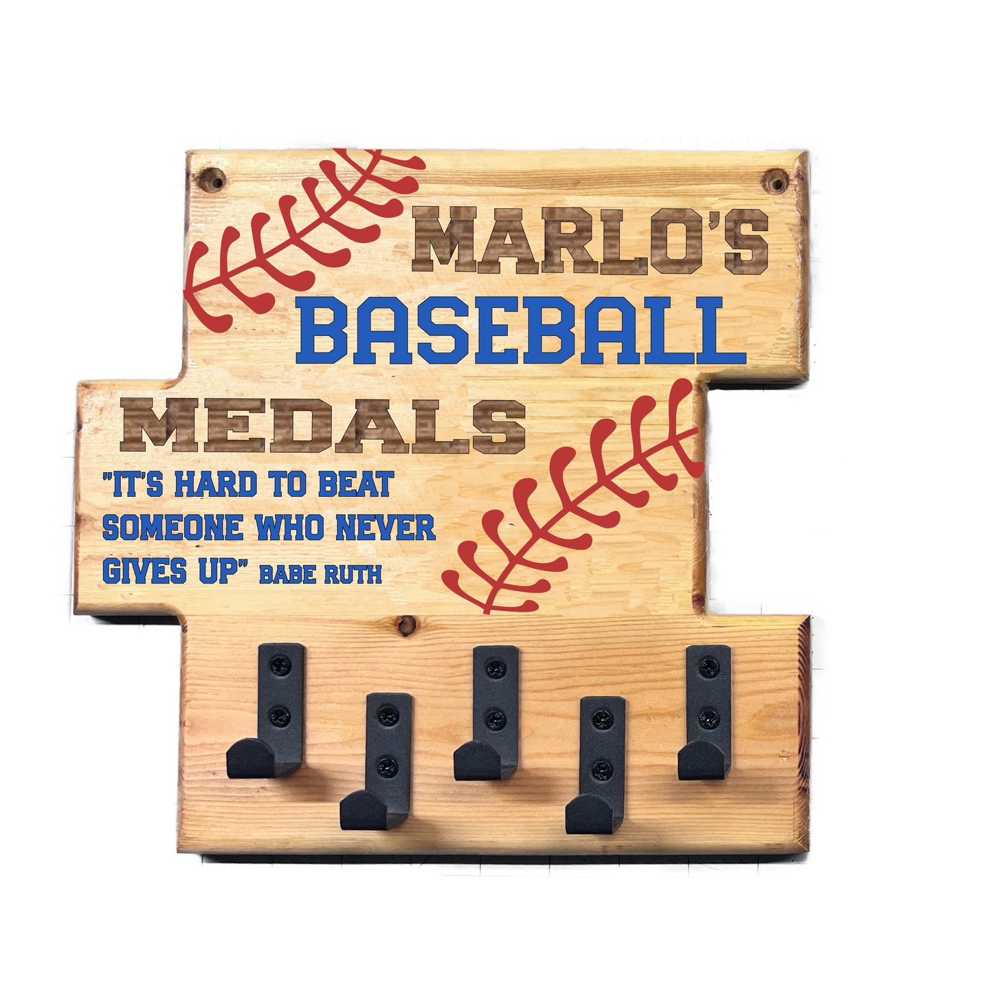 Custom Baseball "It's Hard to Beat Someone Who Never Gives Up" Trophy Display Rack | Sports Tournament Award Hanger