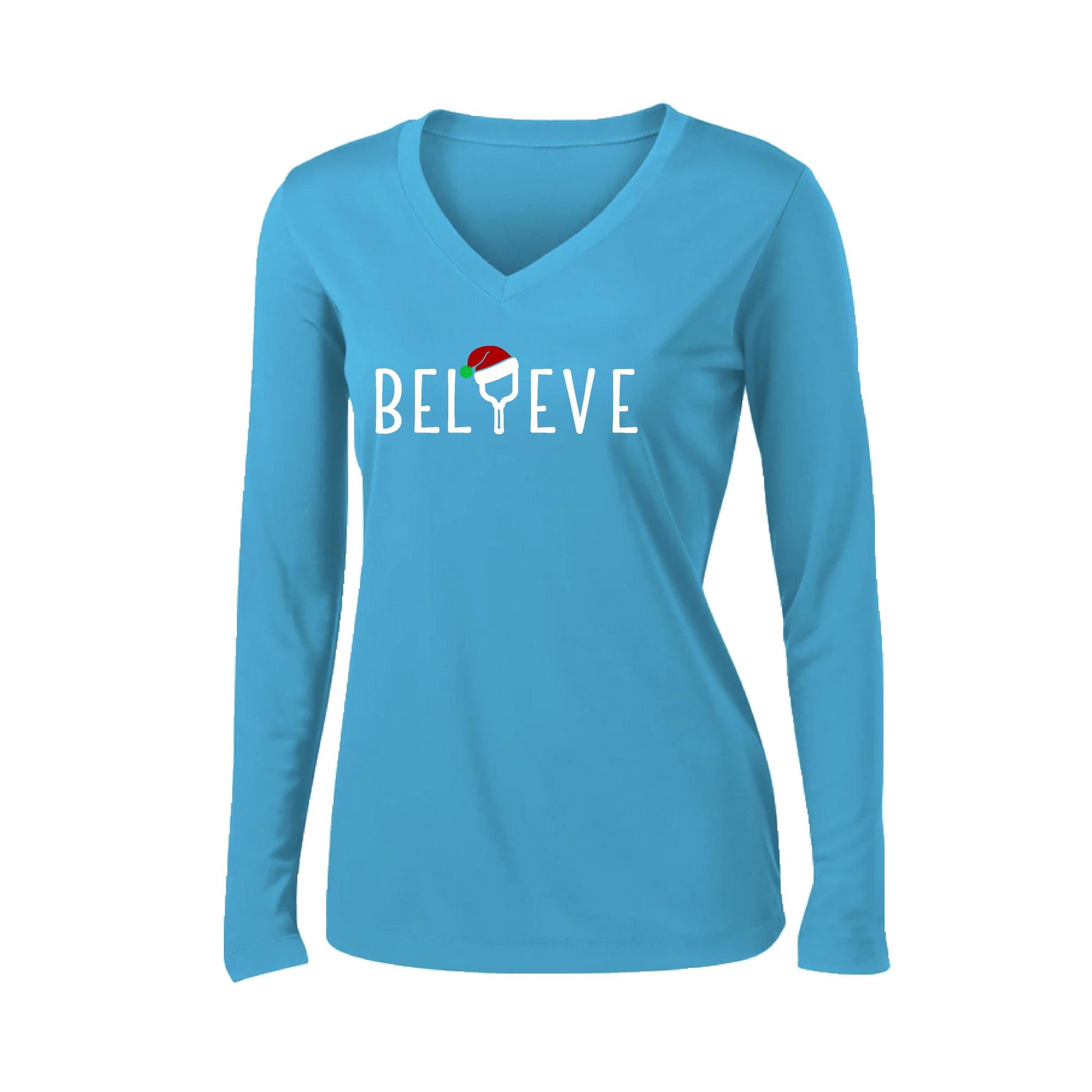 Believe | Women’s Long Sleeve V-Neck Performance T-Shirt | 100% Polyester
