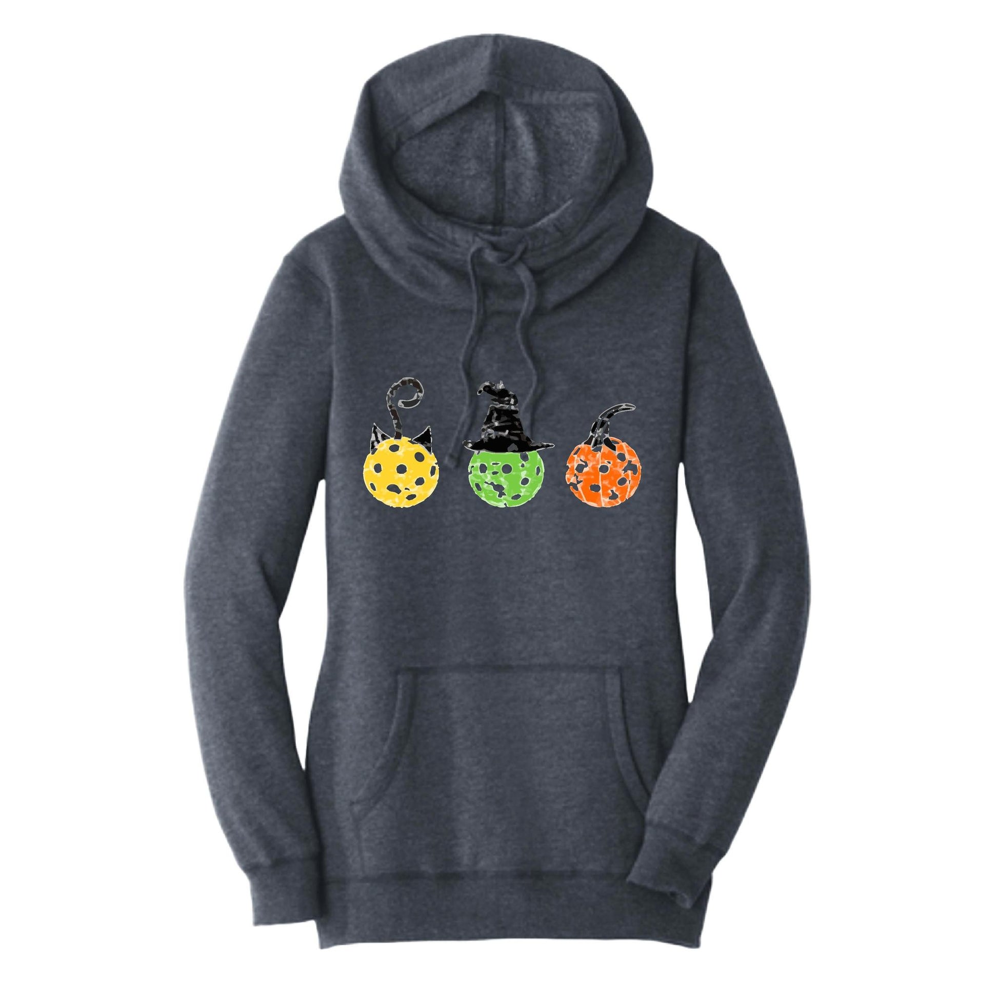 Cat Witch Pumpkin | Women’s Cowl-Neck Hoodie Pickleball Sweatshirt | 55% Cotton 45% Poly Fleece