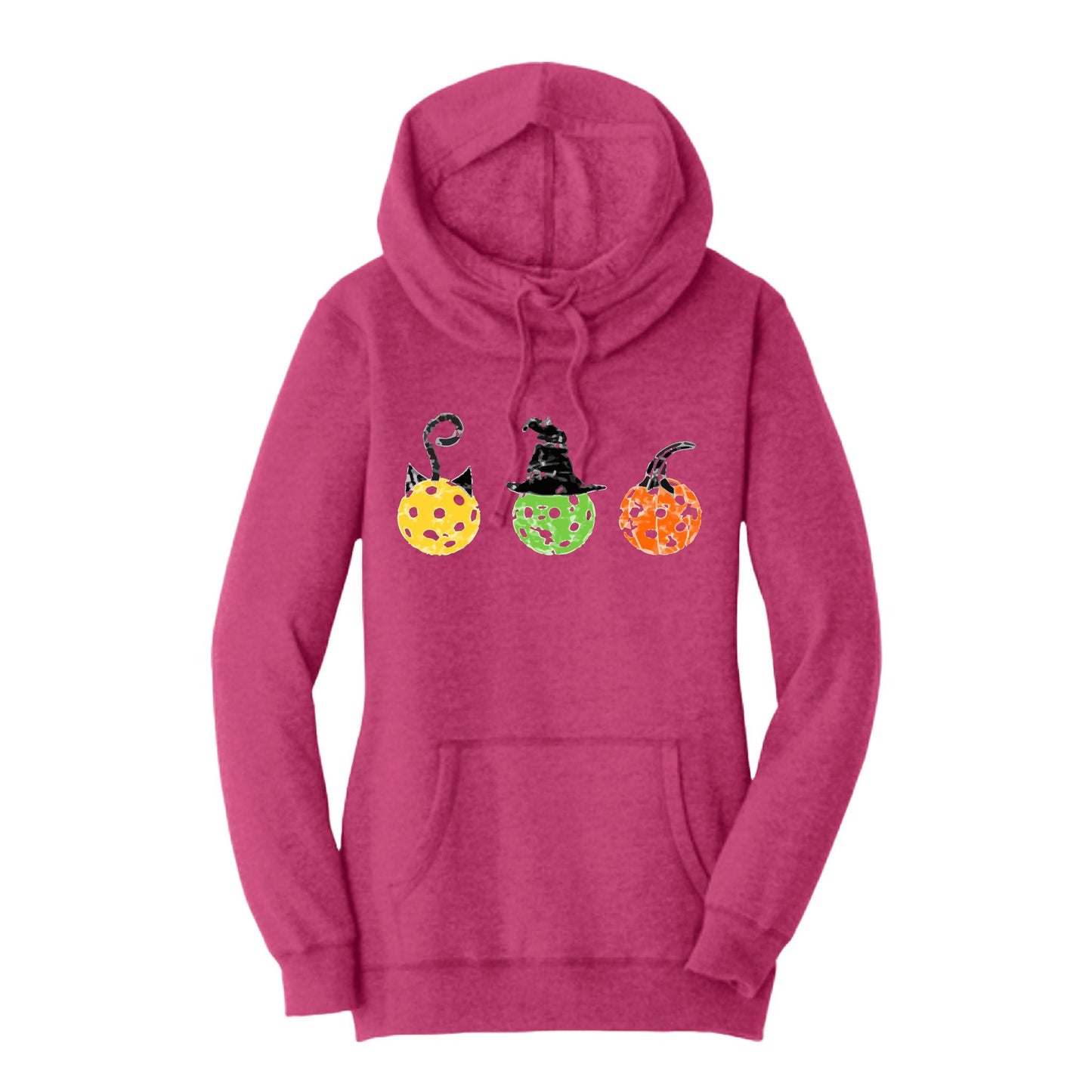 Cat Witch Pumpkin | Women’s Cowl-Neck Hoodie Pickleball Sweatshirt | 55% Cotton 45% Poly Fleece