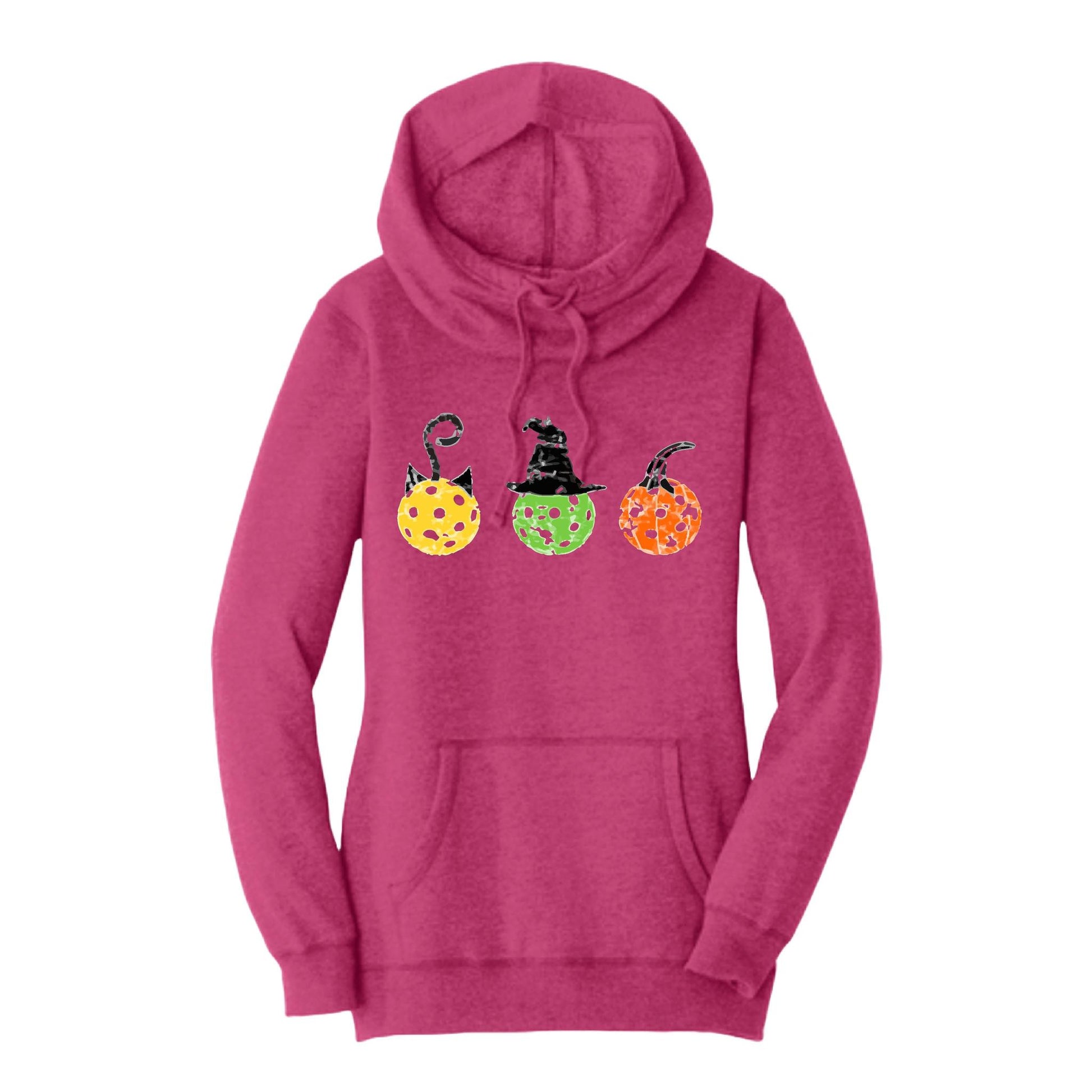 Cat Witch Pumpkin | Women’s Cowl-Neck Hoodie Pickleball Sweatshirt | 55% Cotton 45% Poly Fleece