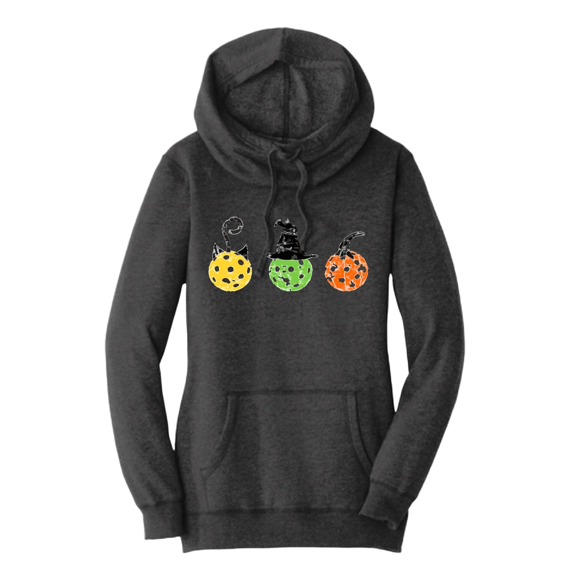 Cat Witch Pumpkin | Women’s Cowl-Neck Hoodie Pickleball Sweatshirt | 55% Cotton 45% Poly Fleece