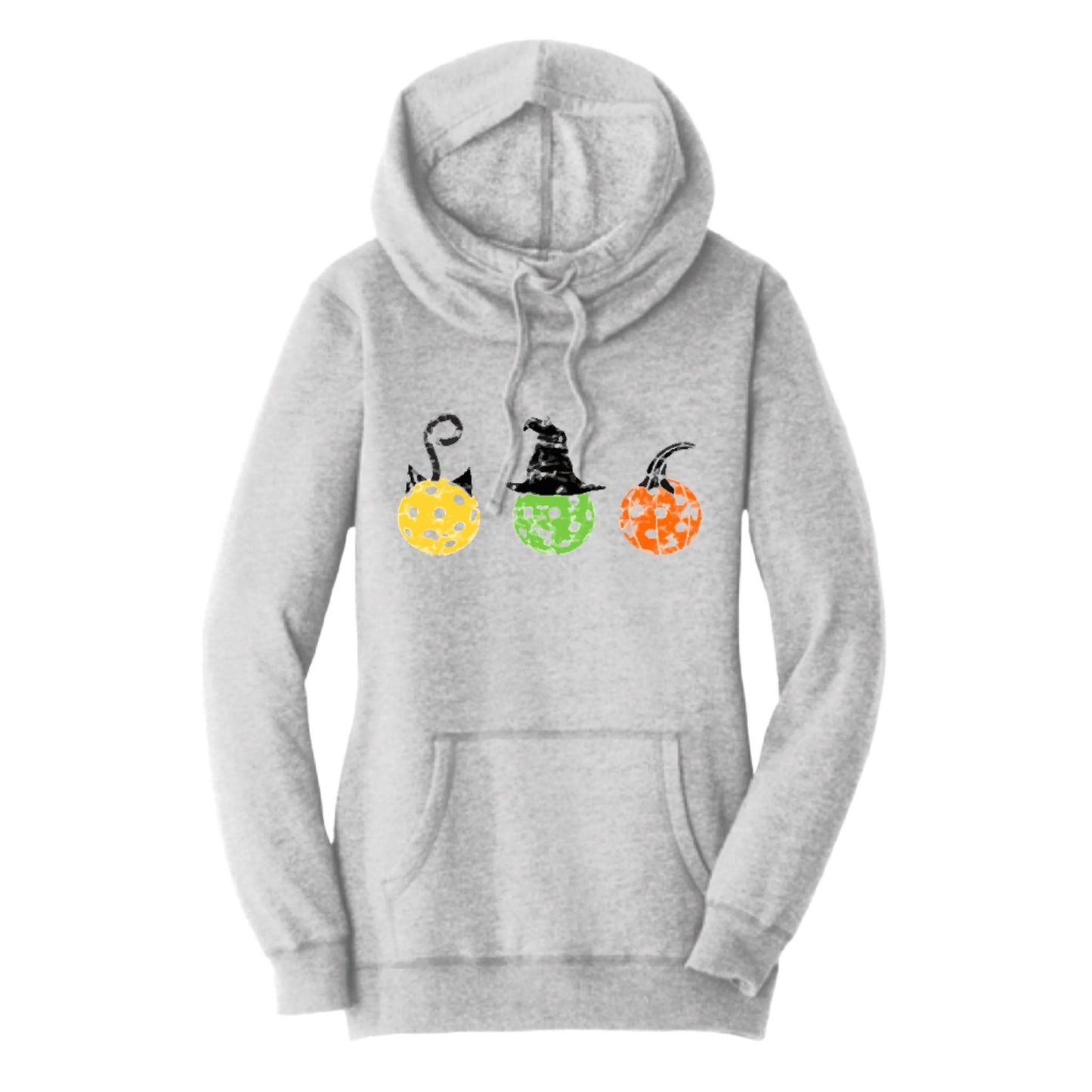 Cat Witch Pumpkin | Women’s Cowl-Neck Hoodie Pickleball Sweatshirt | 55% Cotton 45% Poly Fleece