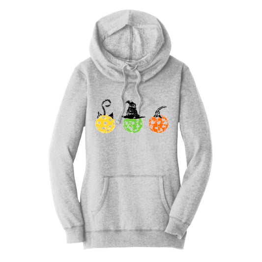 Cat Witch Pumpkin | Women’s Cowl-Neck Hoodie Pickleball Sweatshirt | 55% Cotton 45% Poly Fleece