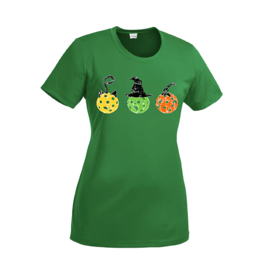 Cat Witch Pumpkin | Women’s Short Sleeve Crewneck Pickleball Performance T-Shirts | 100% Polyester