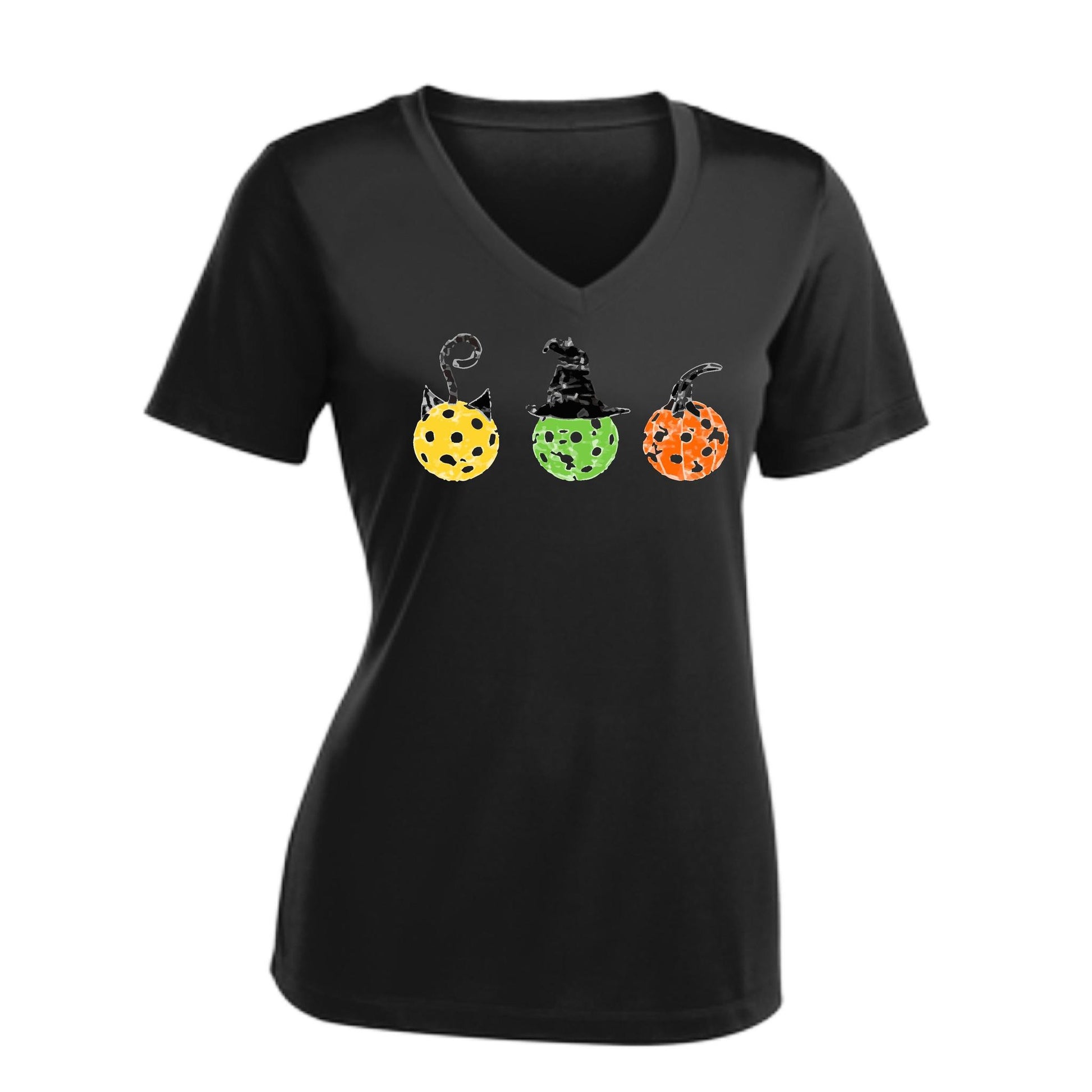 Cat Witch Pumpkin | Women's Short Sleeve V-Neck Pickleball Performance T-Shirts | 100% Polyester