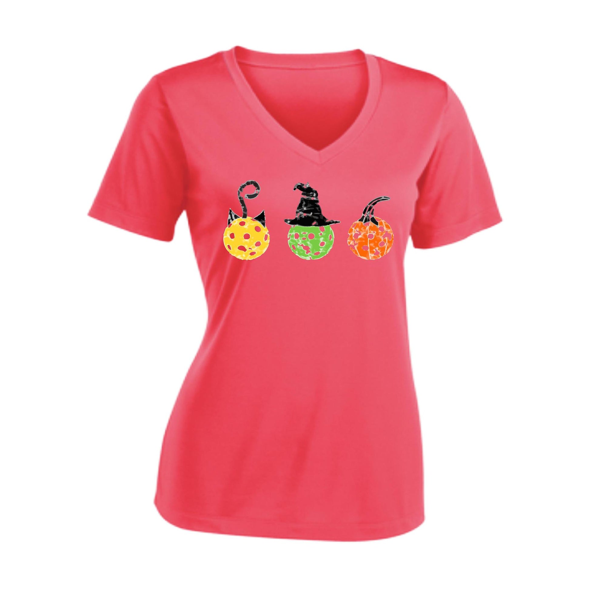 Cat Witch Pumpkin | Women's Short Sleeve V-Neck Pickleball Performance T-Shirts | 100% Polyester